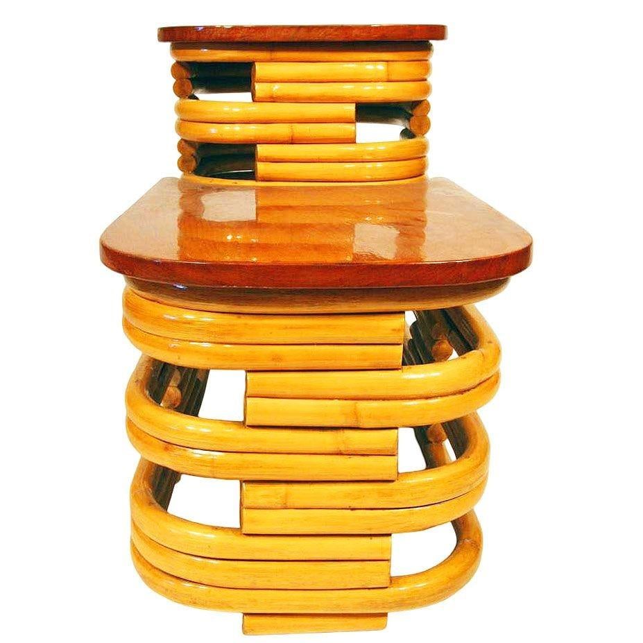 Restored MCM Stacked Rattan Two-Tier Side Table w/ Mahogany Top, 2 Available - 8