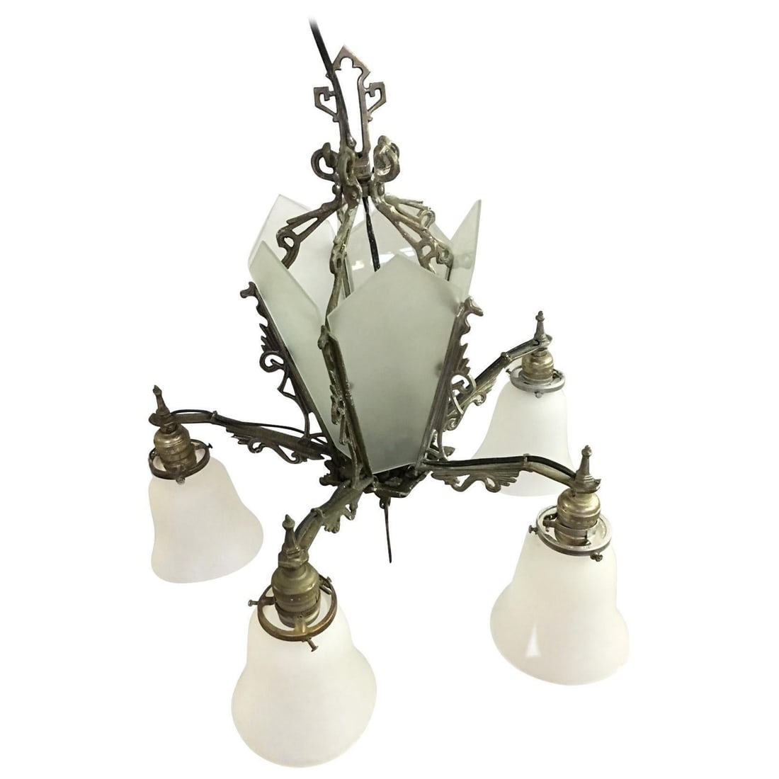Art Deco Slat Glass Hanging Light Chandelier With Geometric Details - 8