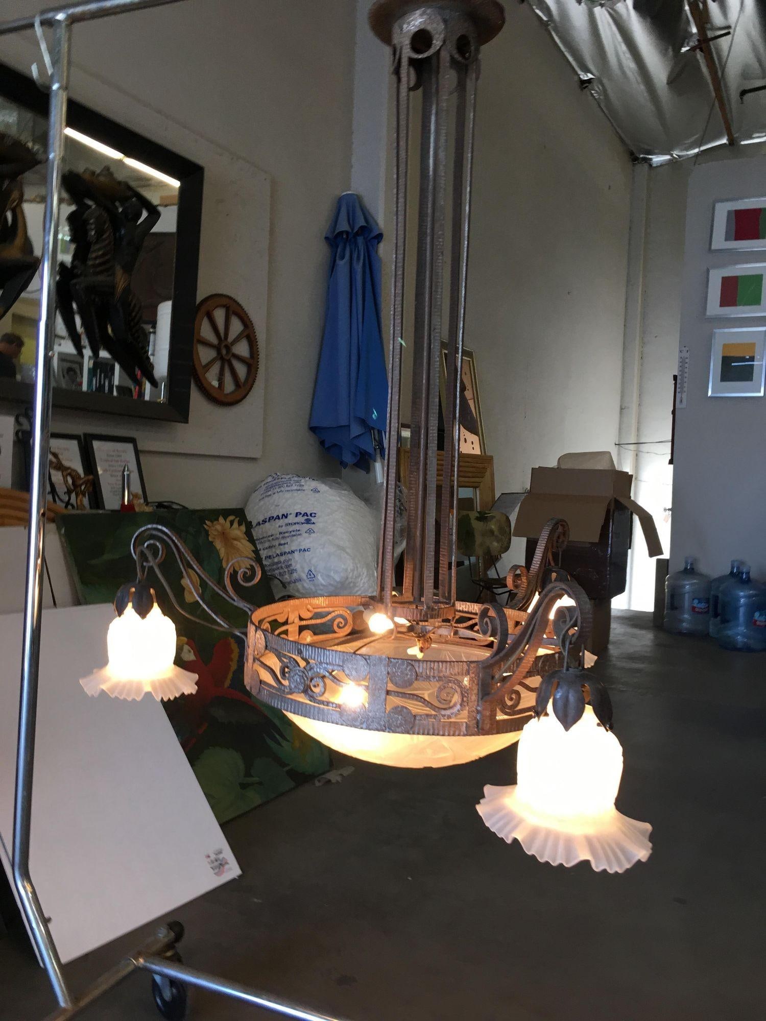 Hand Forged Mission Style Chandelier With Cut Glass Shades - 15