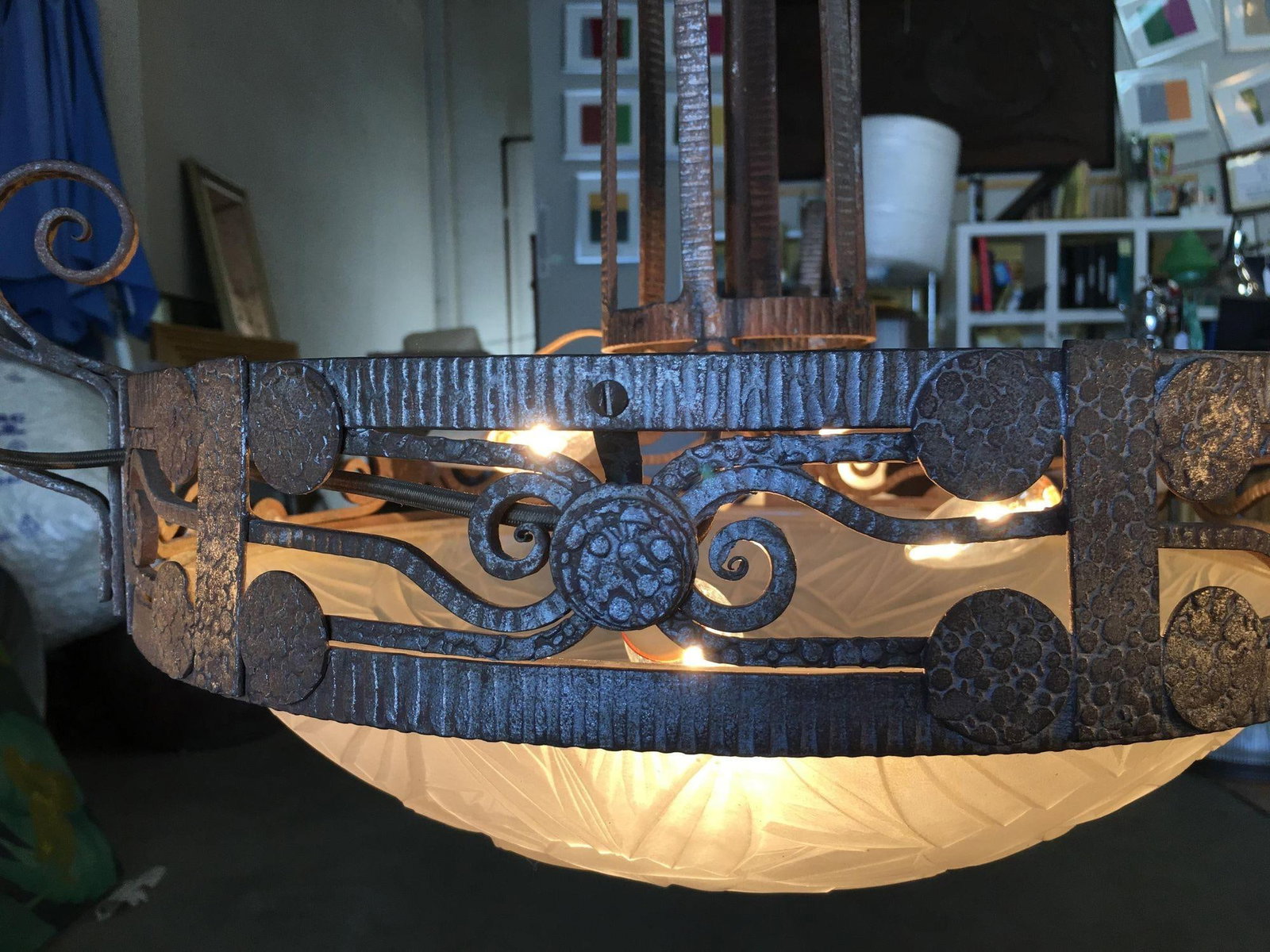 Hand Forged Mission Style Chandelier With Cut Glass Shades - 2