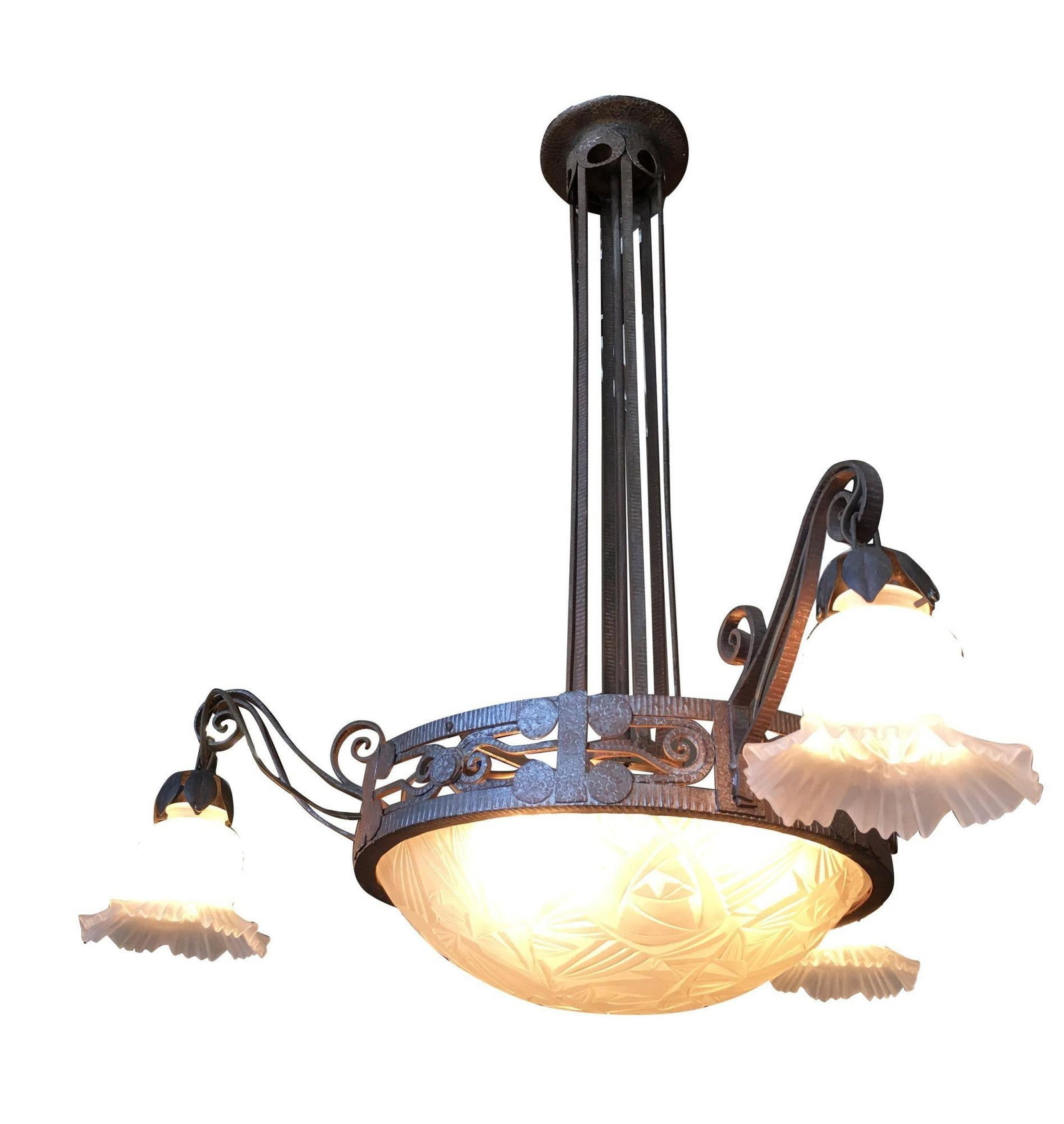Hand Forged Mission Style Chandelier With Cut Glass Shades - 8