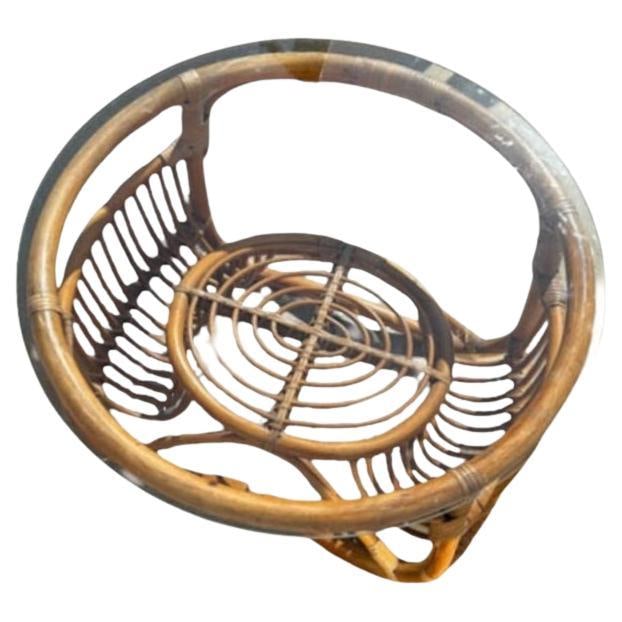 Restored Round Rattan Coffee Table with Reed Basket Base & Glass Top: Title: Restored Round Rattan Coffee Table with Reed Basket Base & Glass Top Description: Elevate your living space with our restored Paul Frankl Inspired rattan coffee table, featuring a reed rattan