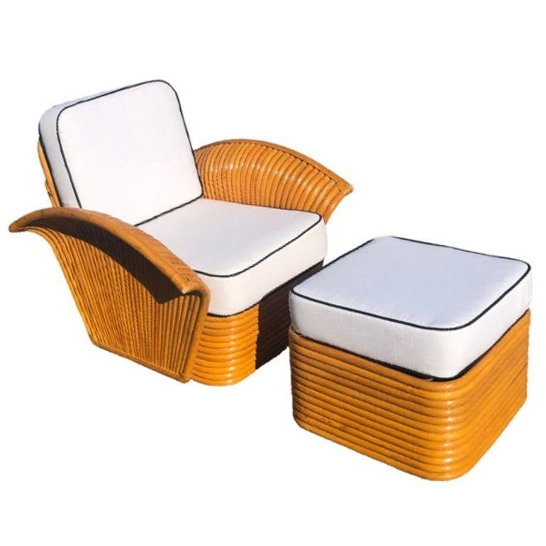 Vintage Art-Deco Style Rattan Fan Arm Lounge Chair/Ottoman Set, 3 sets Avail - 8