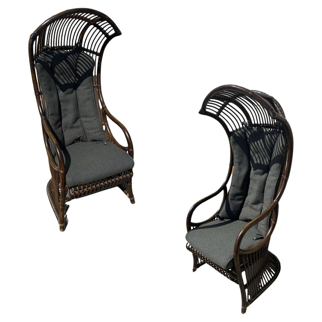 Restored Mid-Century Dark Stained Rattan Canopy Chair, Pair - 14