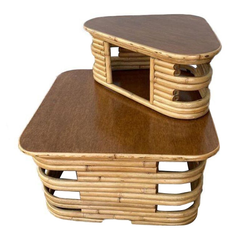 Restored Stacked Two-Tier Rattan Corner Side Table - 14