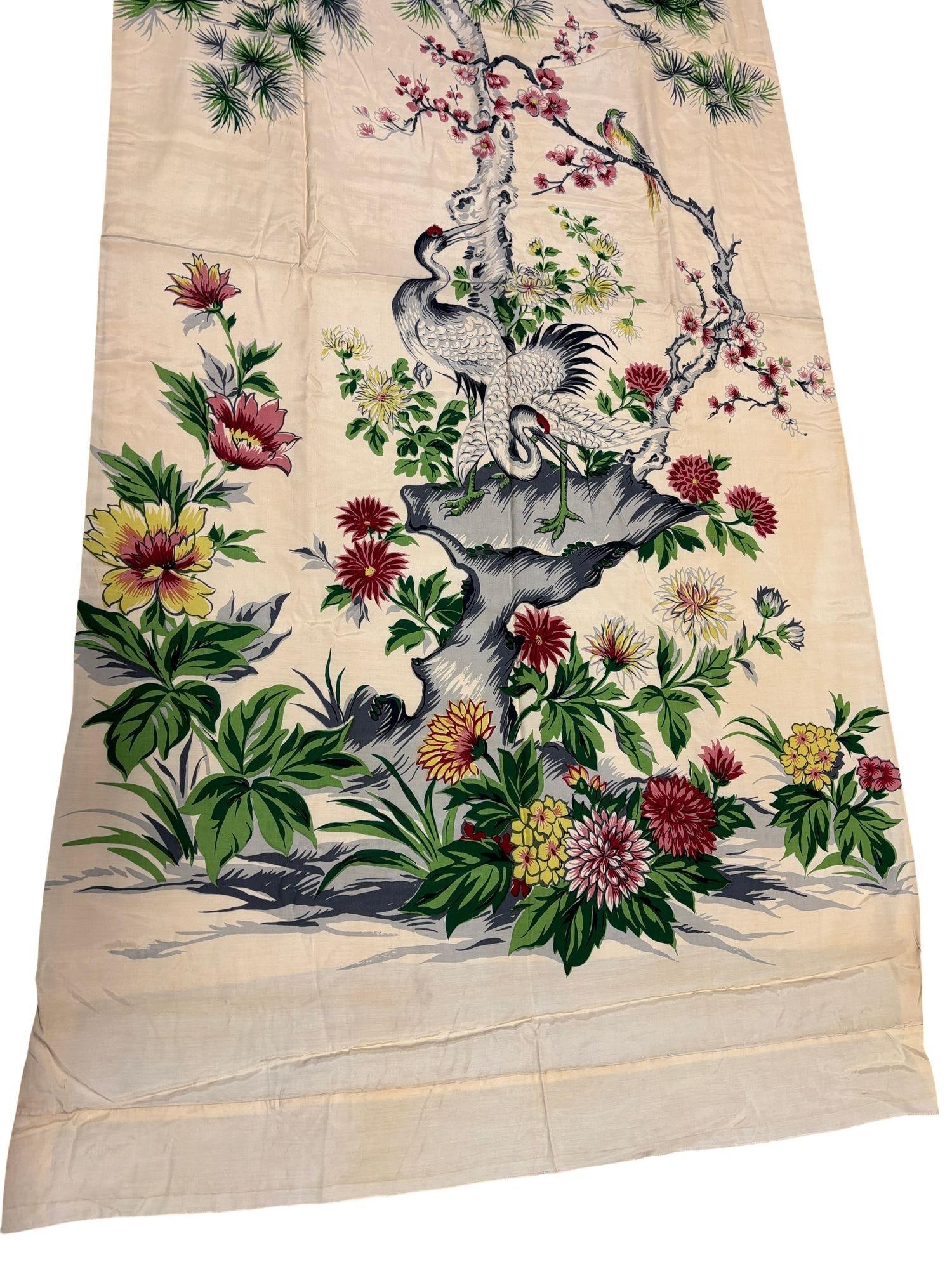 One of a Kind Mid Century Silk Curtain Panel with Cranes, Pine, and Chrysanthemu - 12