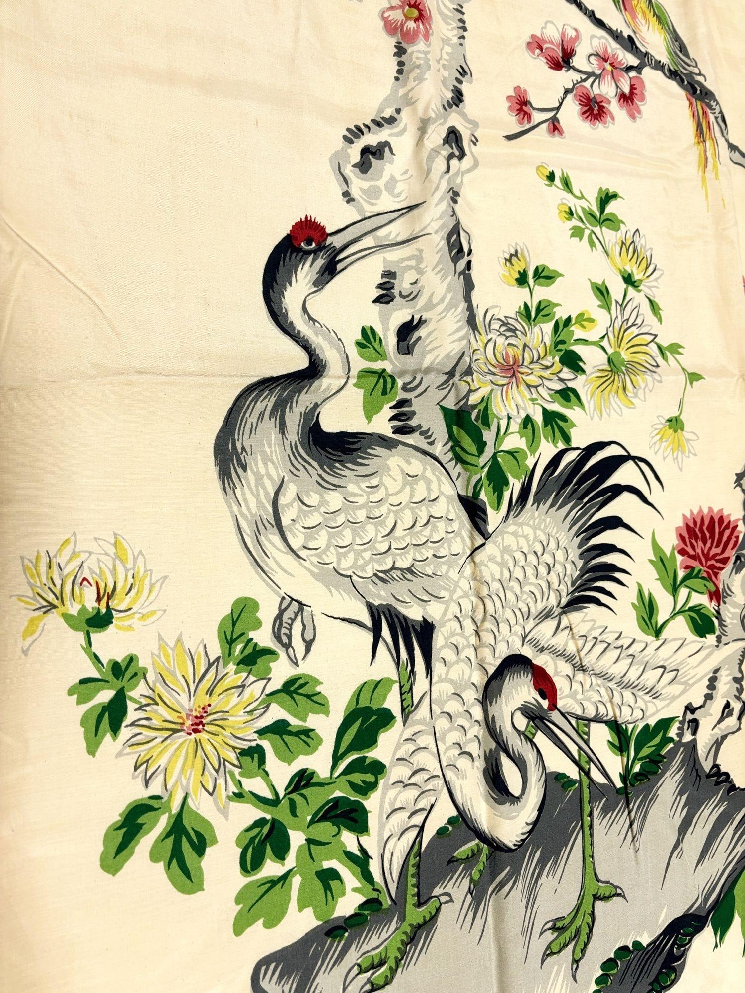 One of a Kind Mid Century Silk Curtain Panel with Cranes, Pine, and Chrysanthemu - 15