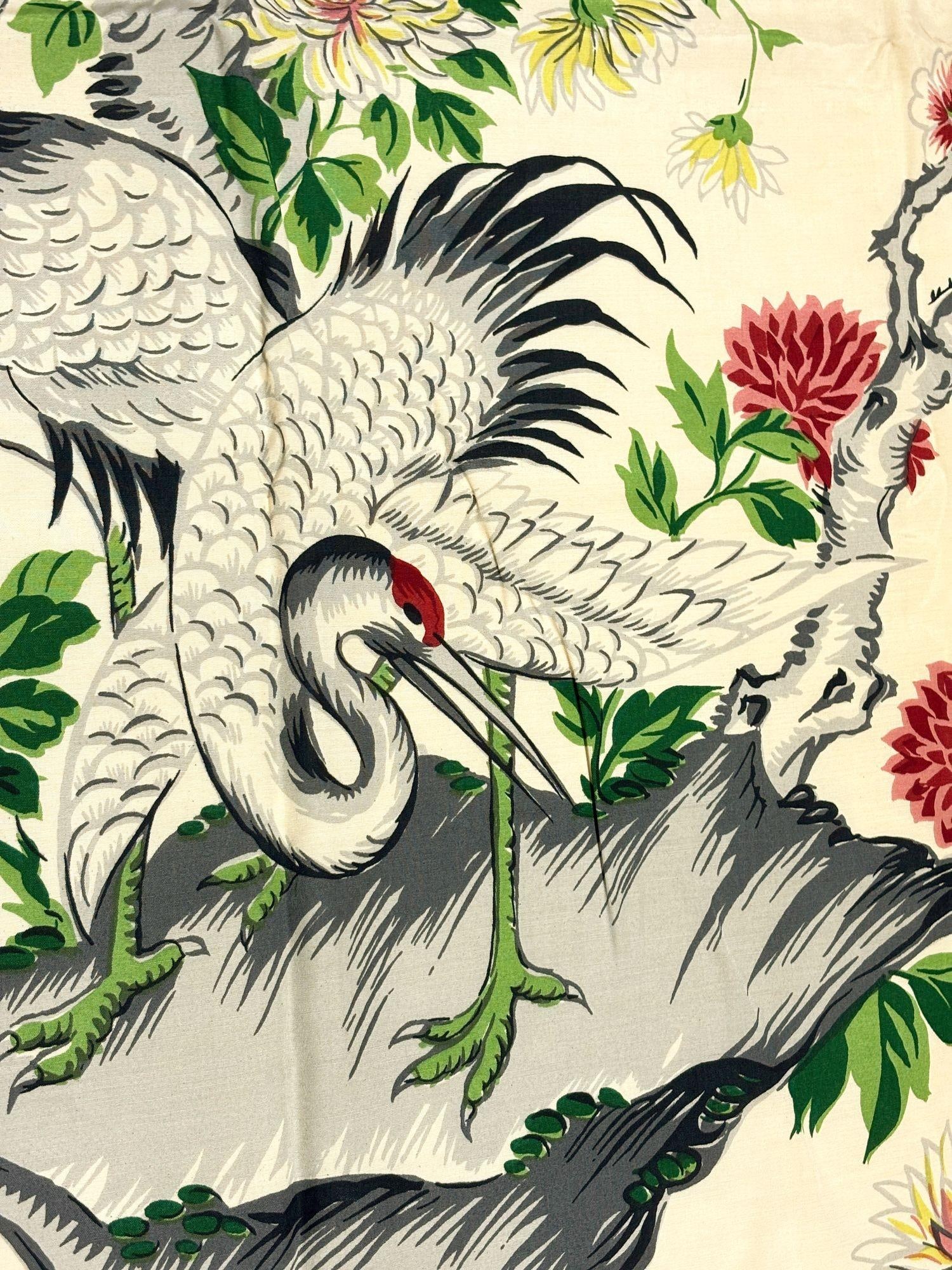 One of a Kind Mid Century Silk Curtain Panel with Cranes, Pine, and Chrysanthemu - 2