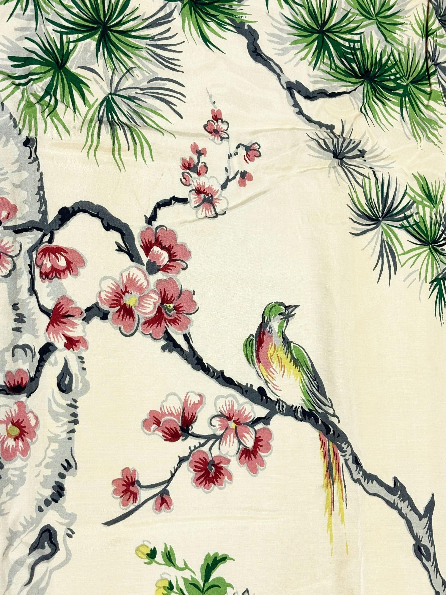 One of a Kind Mid Century Silk Curtain Panel with Cranes, Pine, and Chrysanthemu - 3