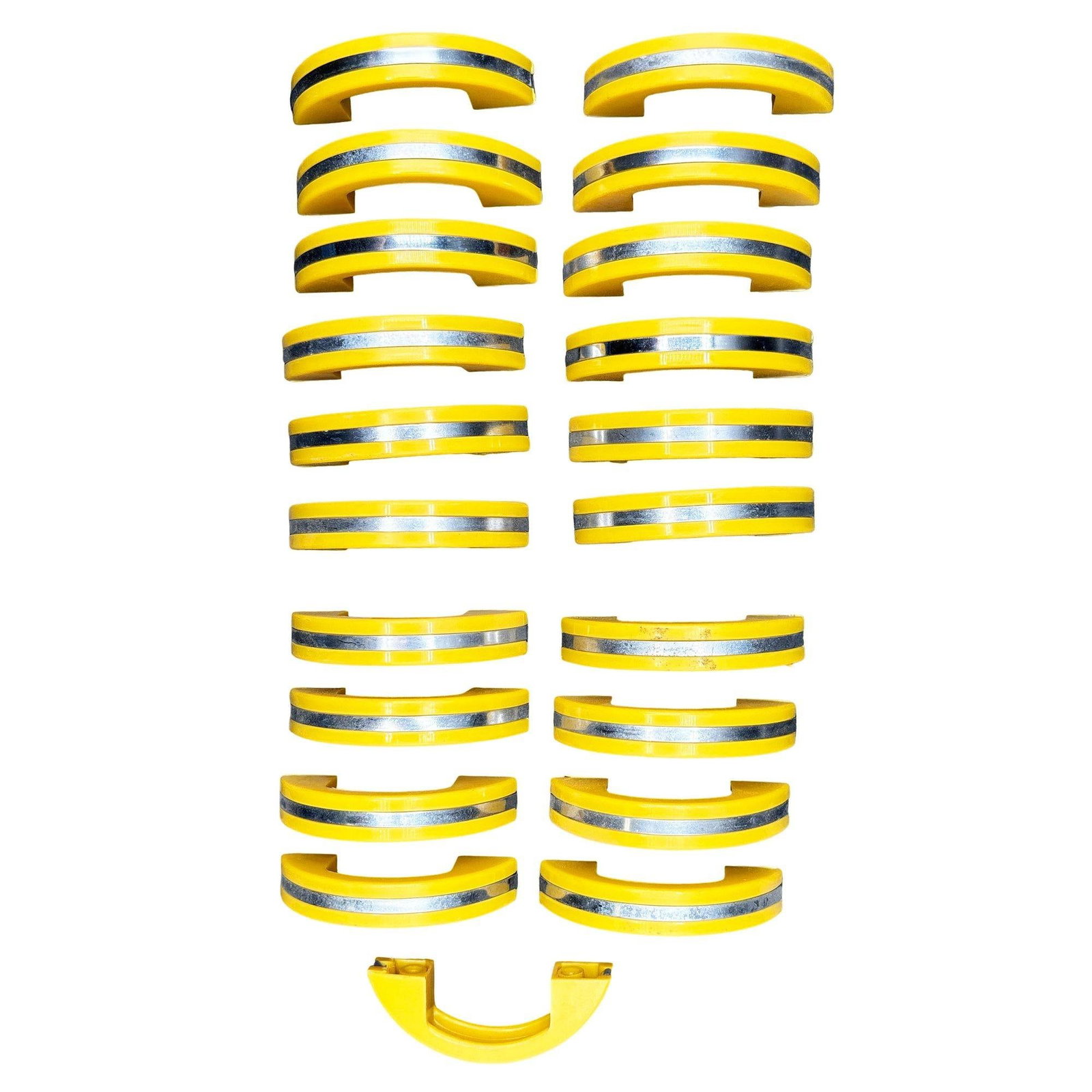 Unused Yellow Art Deco Bakelite Door/Drawer Pulls w/ Chrome Strip, Set of 21 - 18