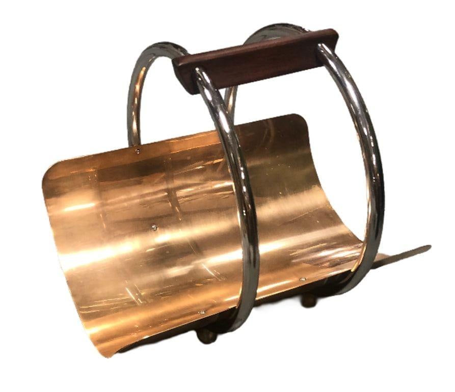 Art Deco Fireplace Log Holder Chrome and Copper by Leslie Beaton for Revere - 9