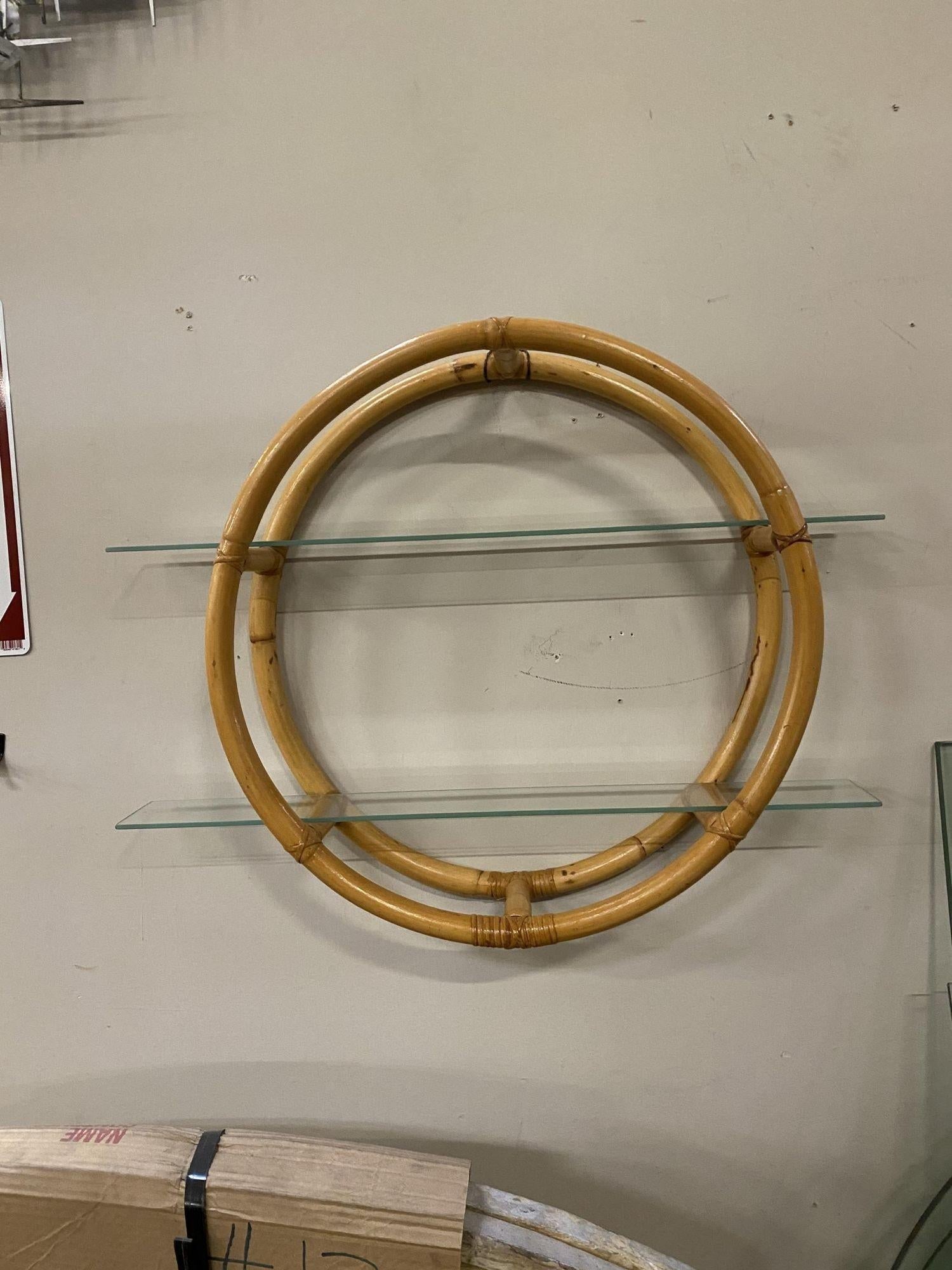 Restored Circular Rattan Wall "Skeleton" Shelf W/ Glass Tiers - 16