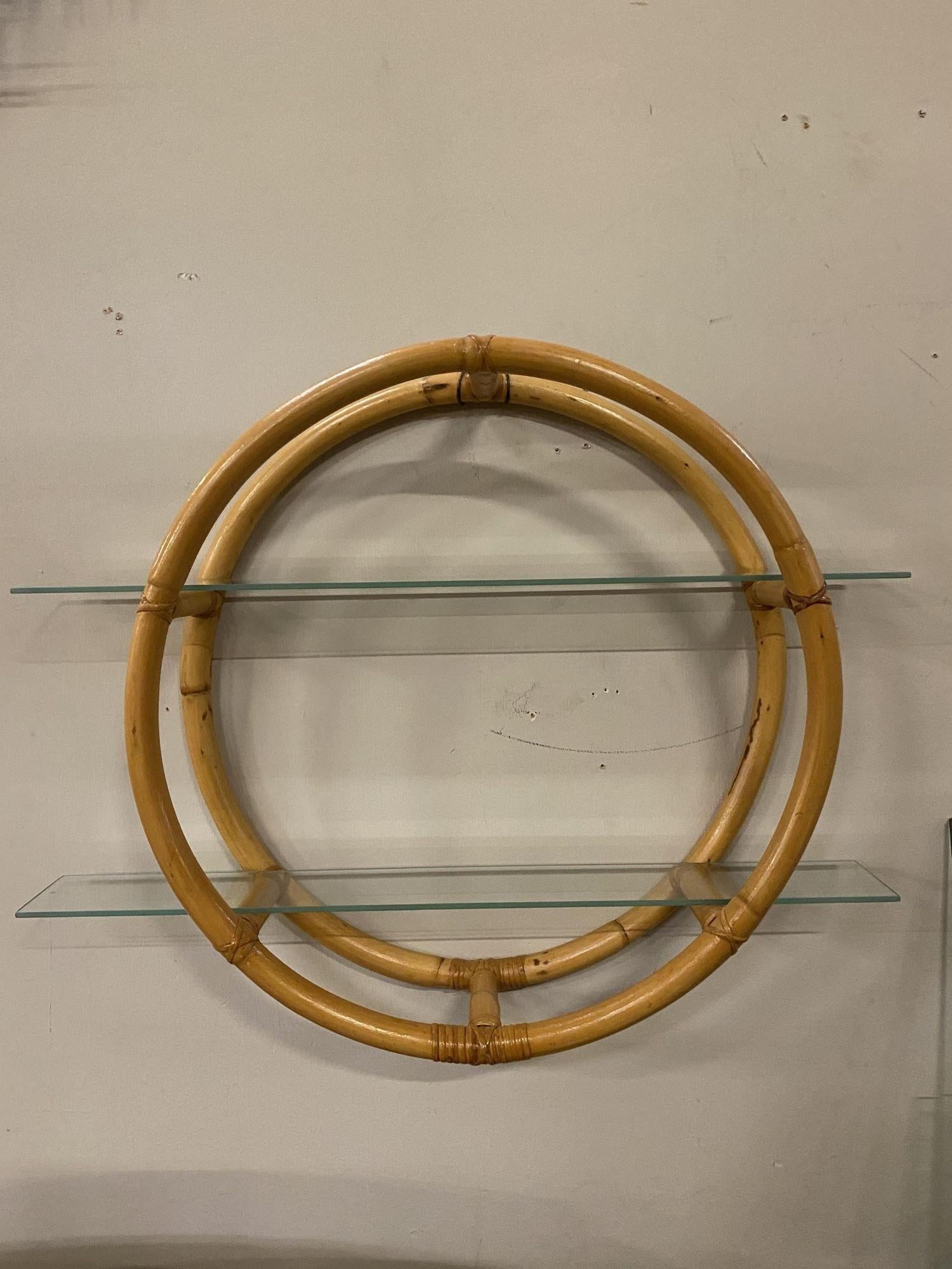 Restored Circular Rattan Wall "Skeleton" Shelf W/ Glass Tiers - 18