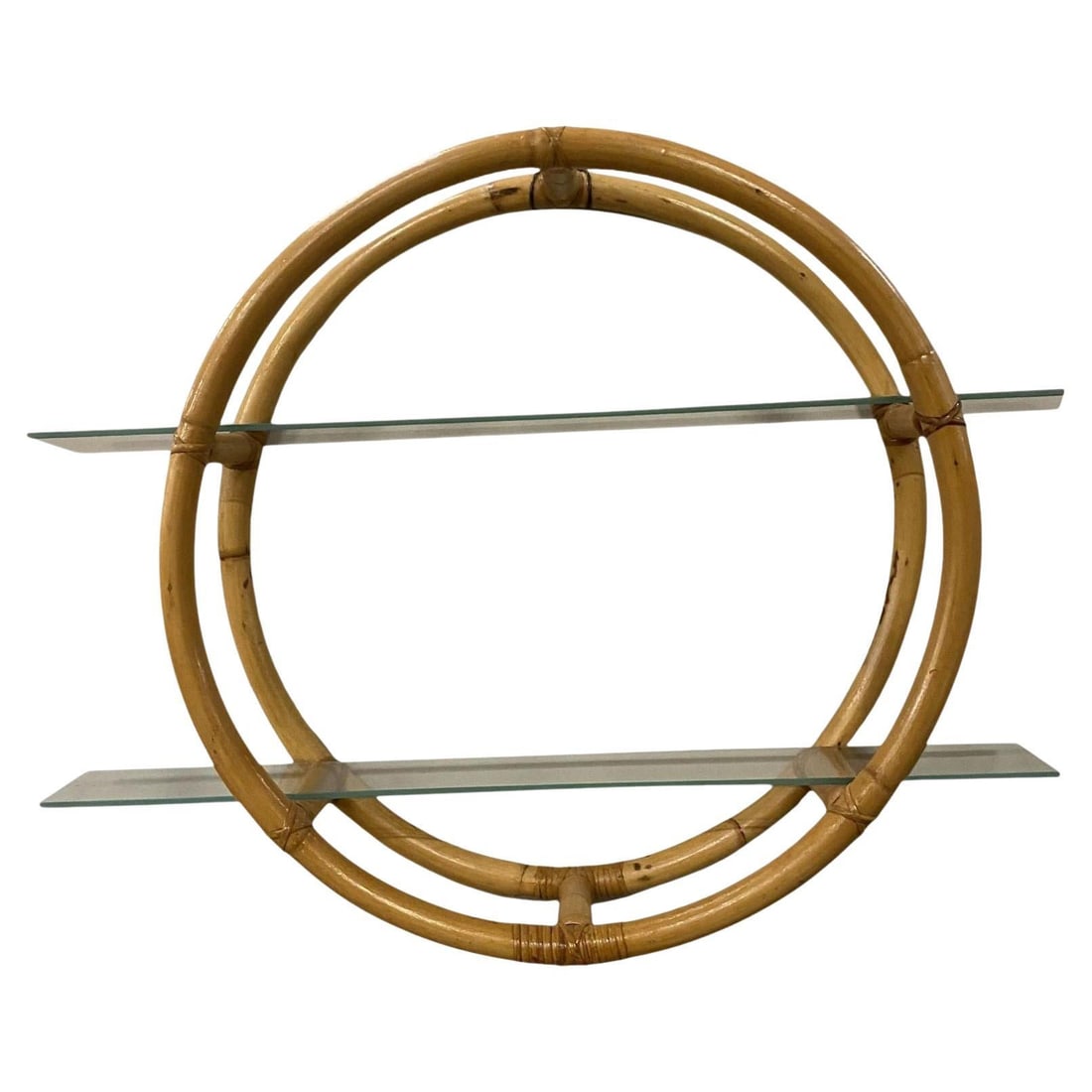 Restored Circular Rattan Wall "Skeleton" Shelf W/ Glass Tiers: Title: Restored Circular Rattan Wall "Skeleton" Shelf W/ Glass Tiers Description: Circular rattan wall self featuring a unique two-strand "Skeleton" design with cut-out sections that hold two glass