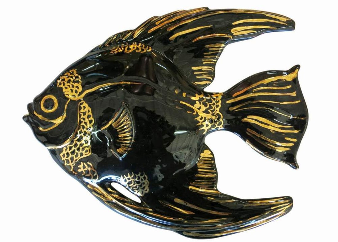 Mid-century Ceramic Black & Gold Plaster Aquatic Angelfish Wall Art, Set of 4 - 2