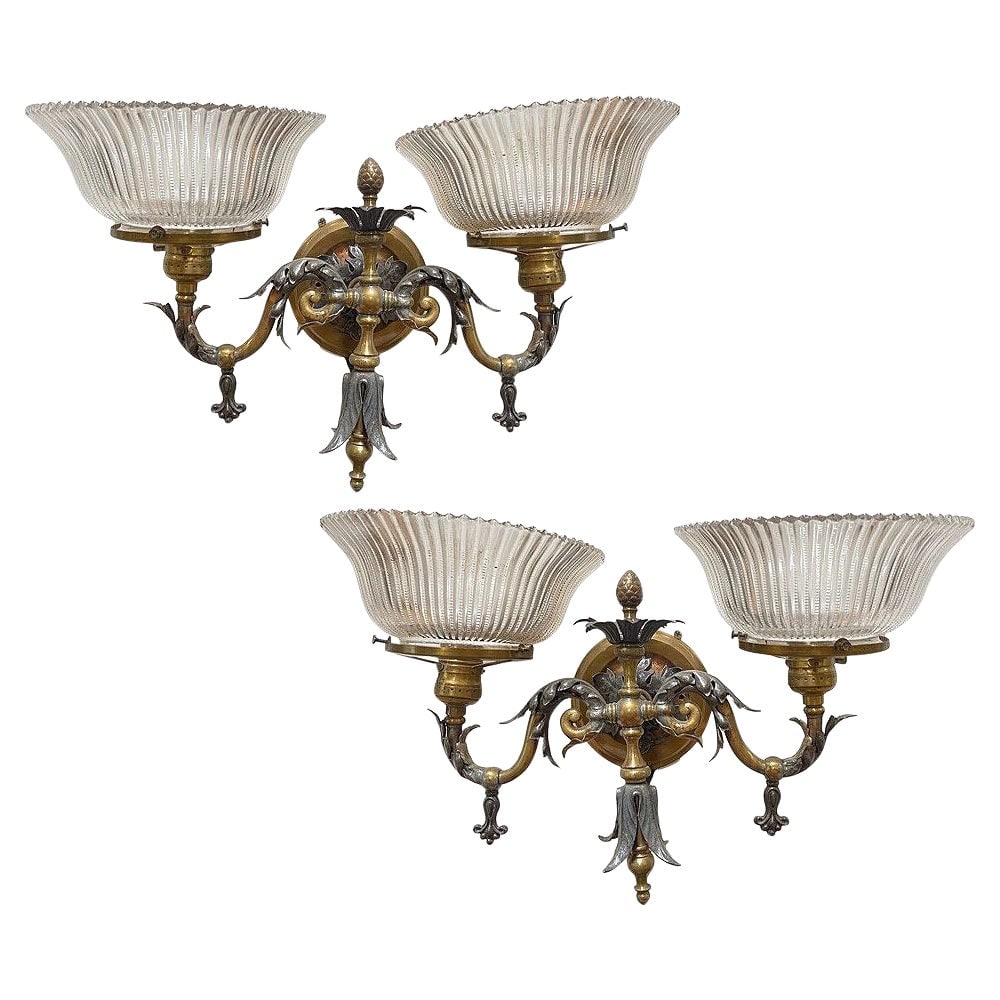 Electrified Late Victorian Baroque Brass Gas Sconces w/ Shade, Pair - 2