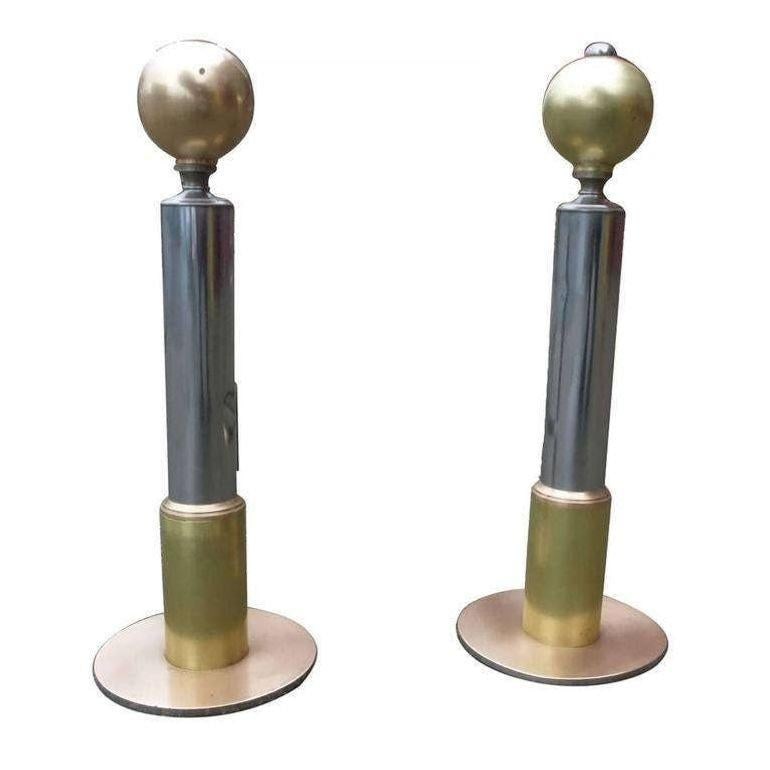 Art Deco Chrome and Brass Geometric Andirons Attributed to Donald Deskey - 3