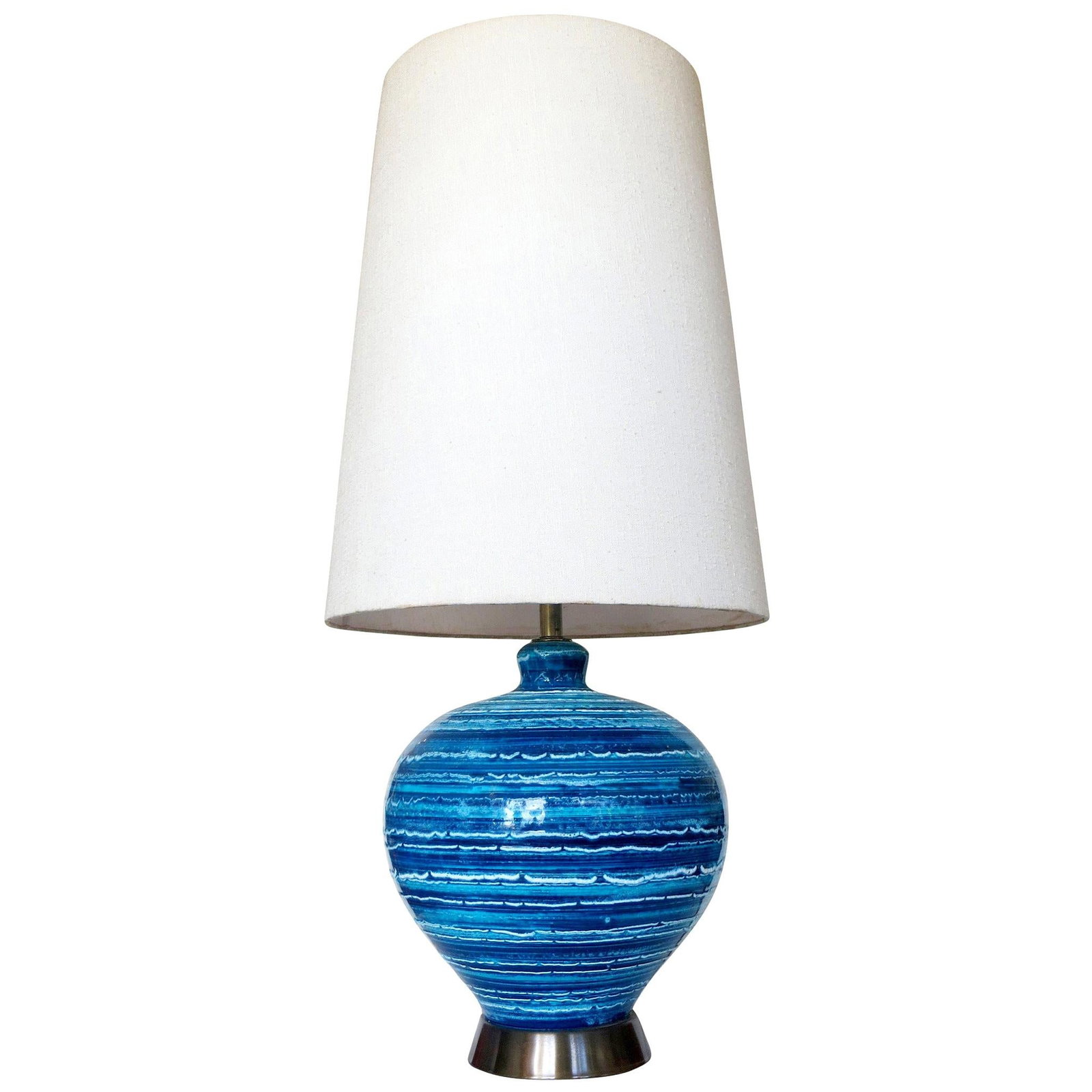 Midcentury Variegated Blue Striped Glaze Ceramic Lamp (1 of 6)
