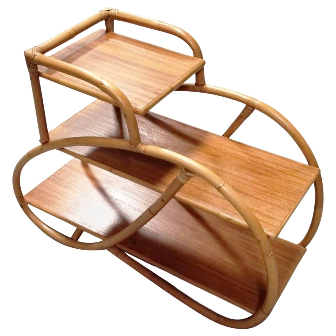 Restored Mid-century 3-Tier 3/4 Pretzel Rattan Side Table w/ Mahogany Top (1 of 5)