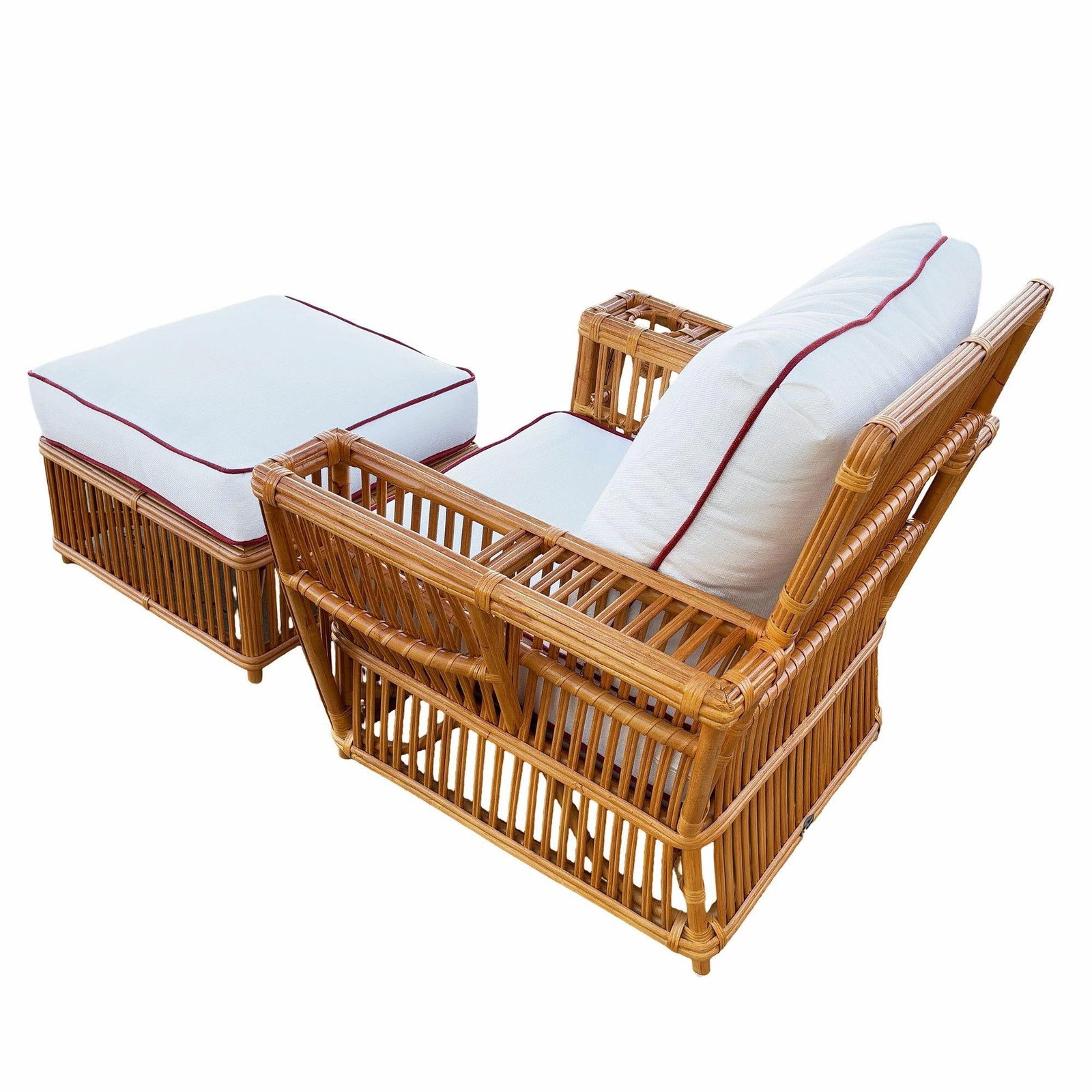 Art Deco Presidents Stick Reed Rattan Nantucket Lounge Armchair & Ottoman Set - 10