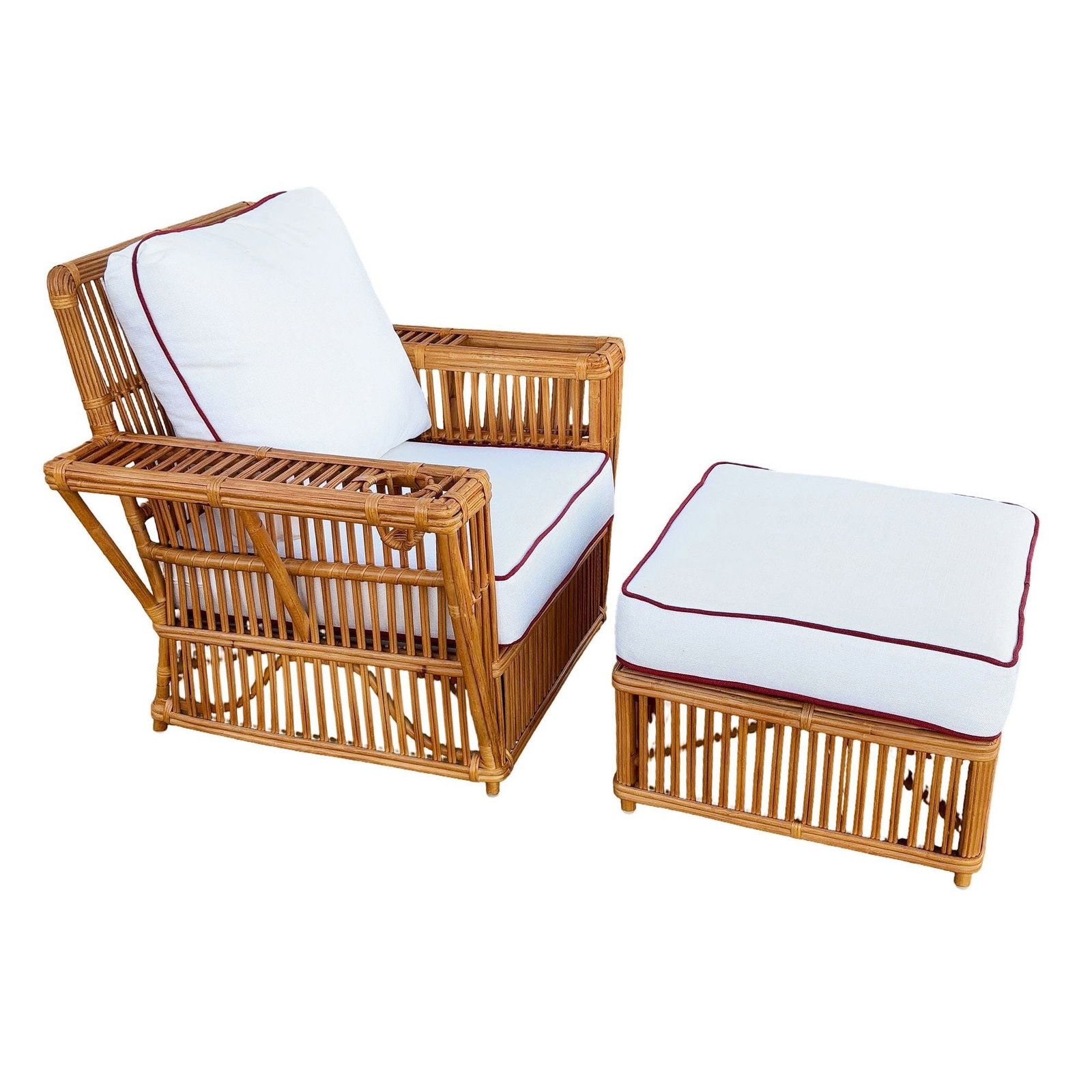 Art Deco Presidents Stick Reed Rattan Nantucket Lounge Armchair & Ottoman Set - 19