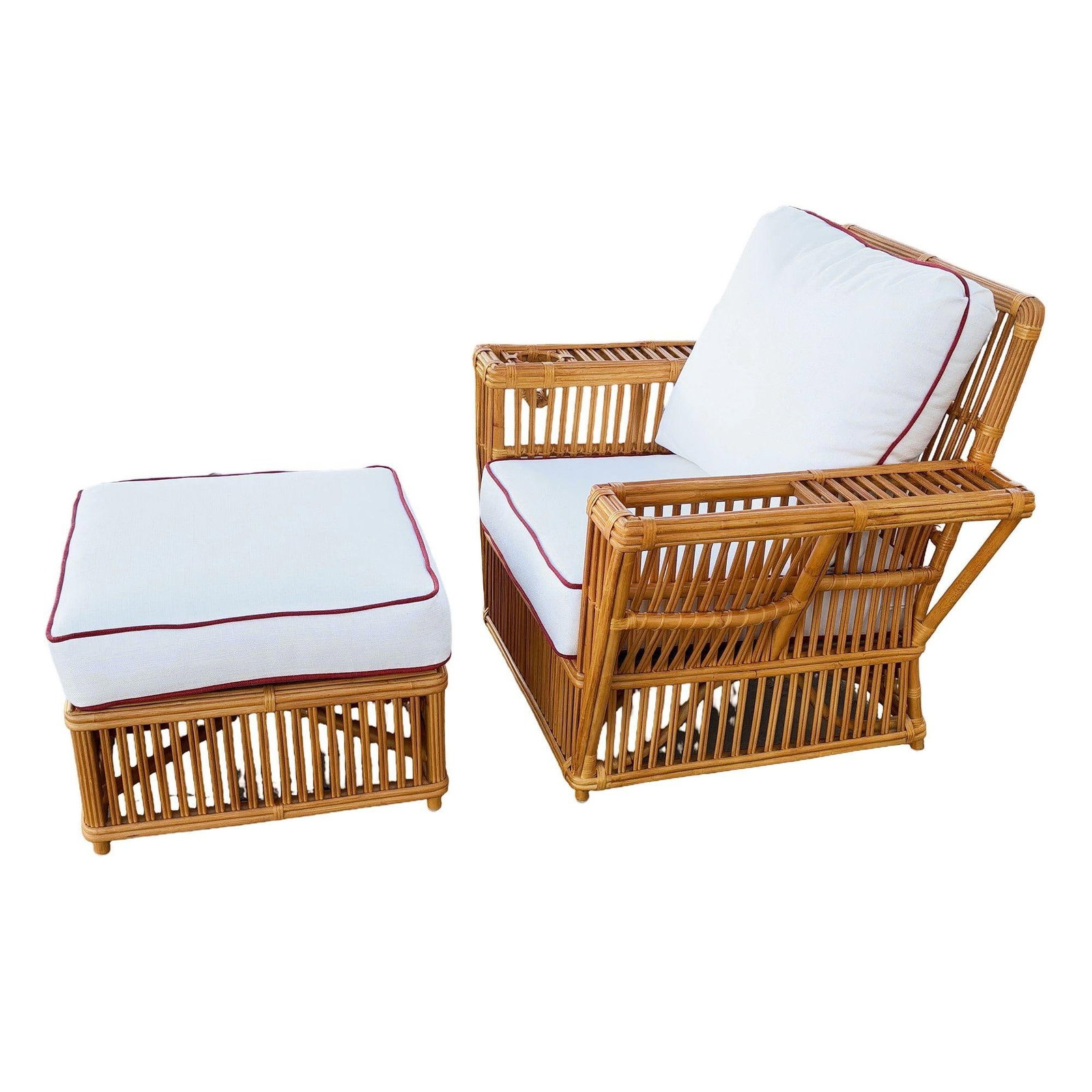 Art Deco Presidents Stick Reed Rattan Nantucket Lounge Armchair & Ottoman Set - 9