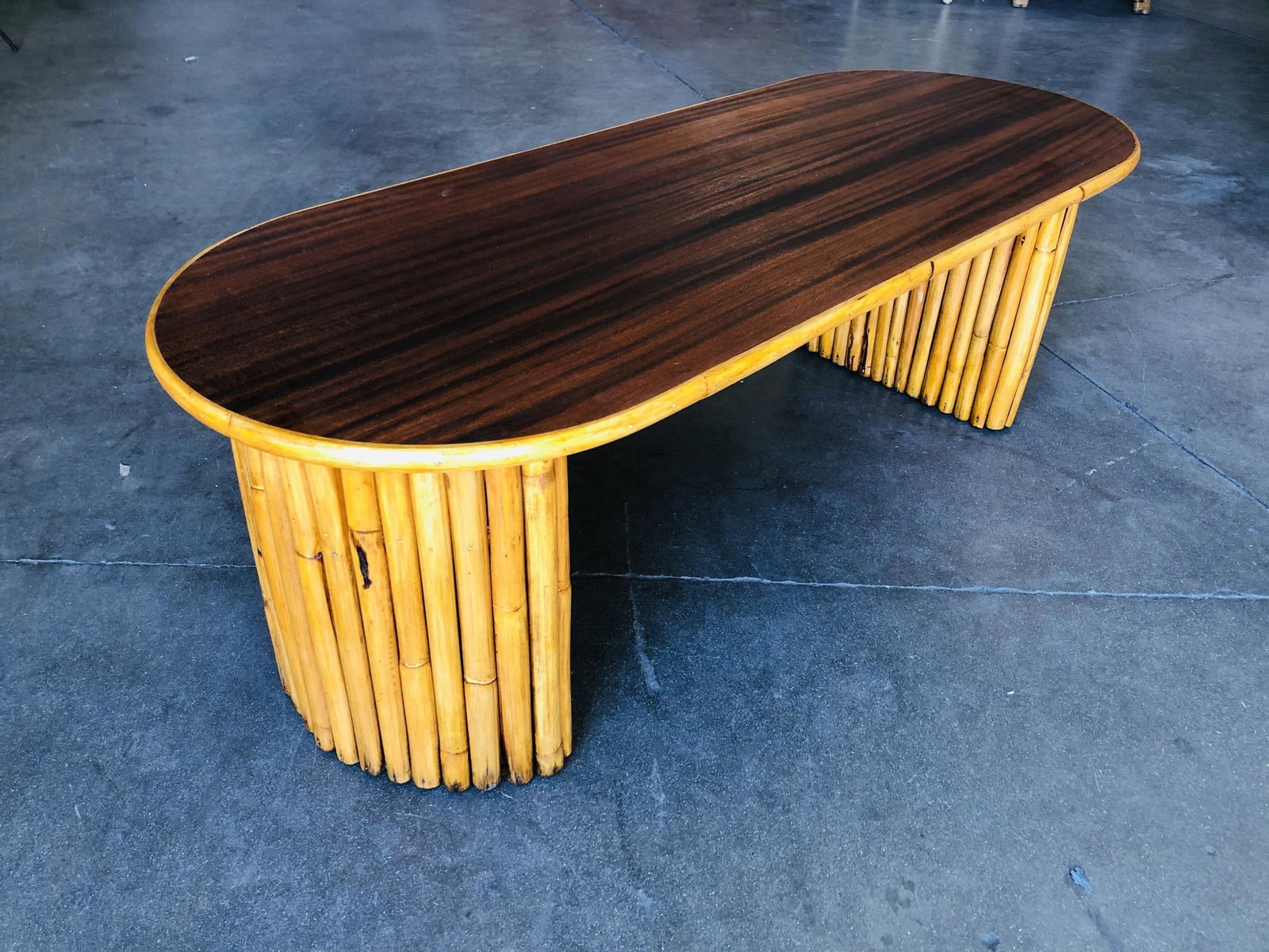 Restored Vertically Stacked Rattan Coffee Table with Mahogany Top - 2