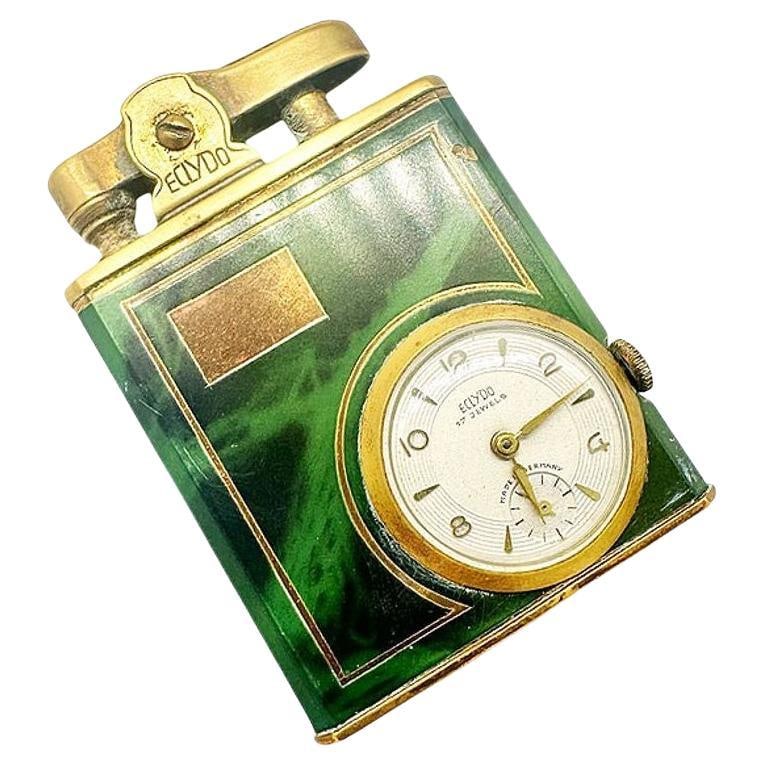Mid Century German Green Marble German Brass Lighter w/ Watch by Eclydo - 7