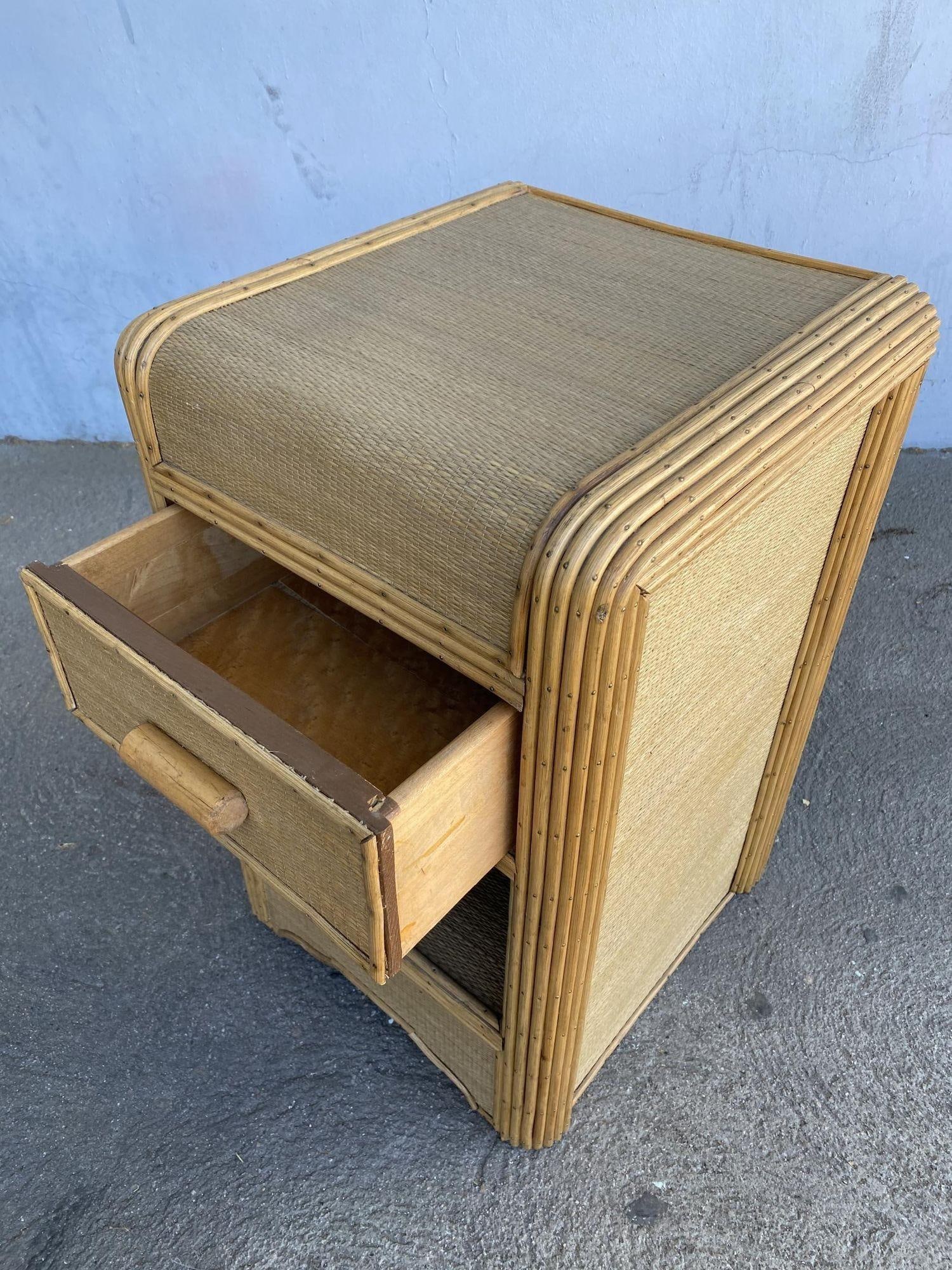 Restored Streamline Stick Reed Rattan Side Table with Grass Mat Coverings - 11