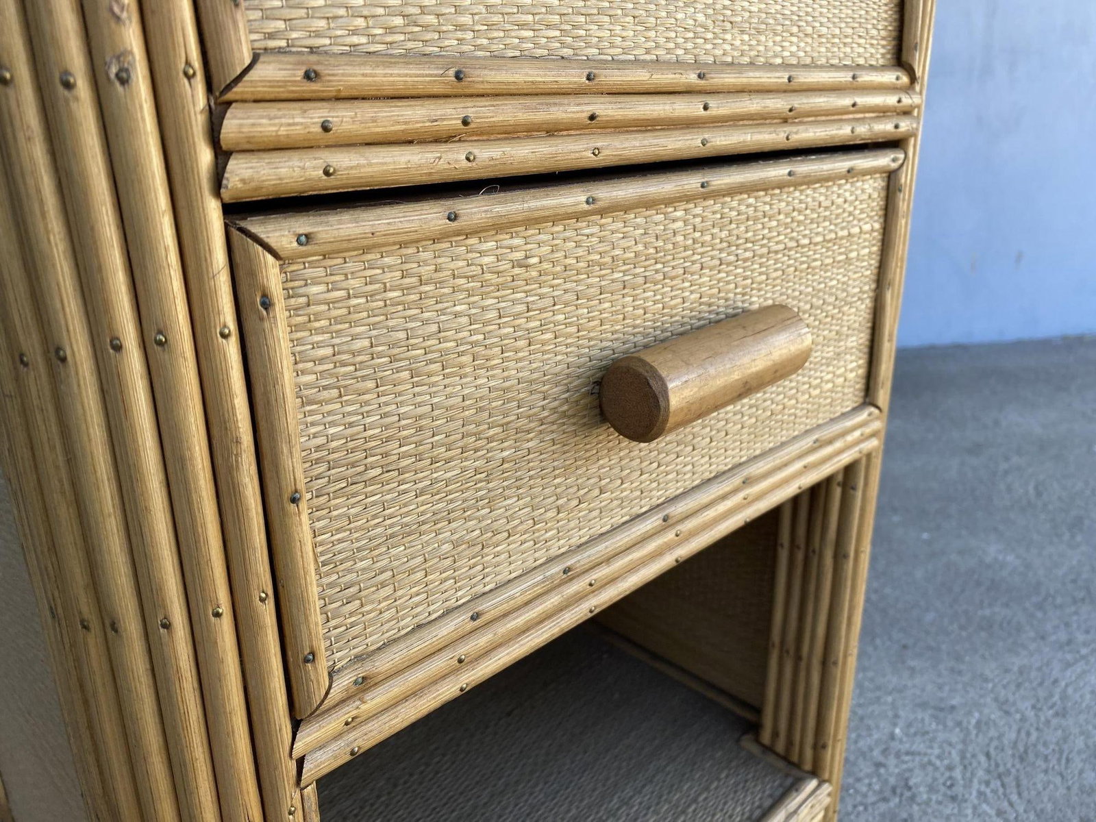 Restored Streamline Stick Reed Rattan Side Table with Grass Mat Coverings - 14