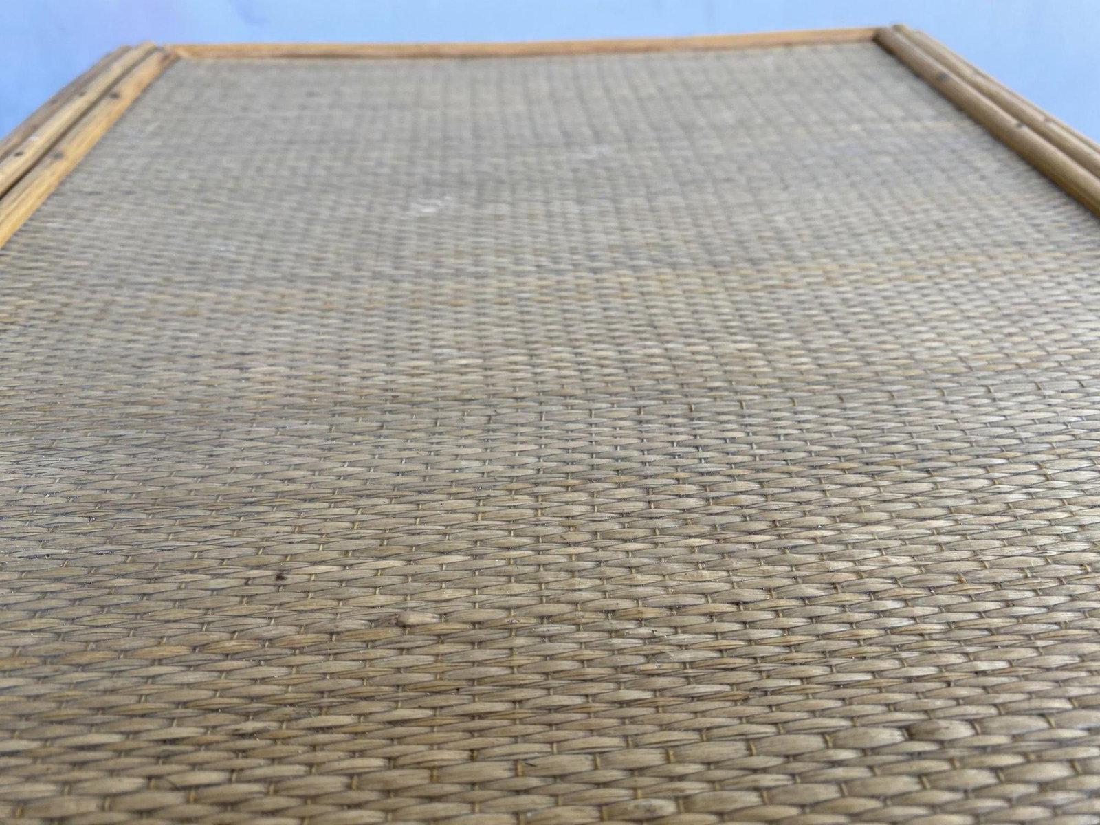 Restored Streamline Stick Reed Rattan Side Table with Grass Mat Coverings - 15