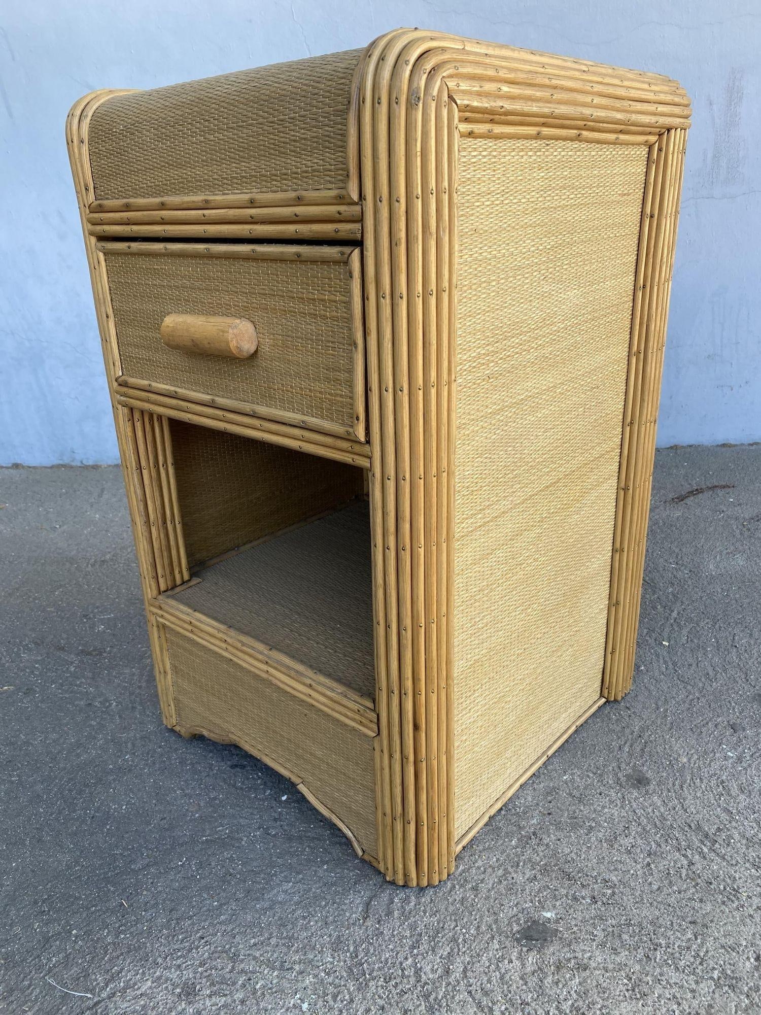 Restored Streamline Stick Reed Rattan Side Table with Grass Mat Coverings - 20