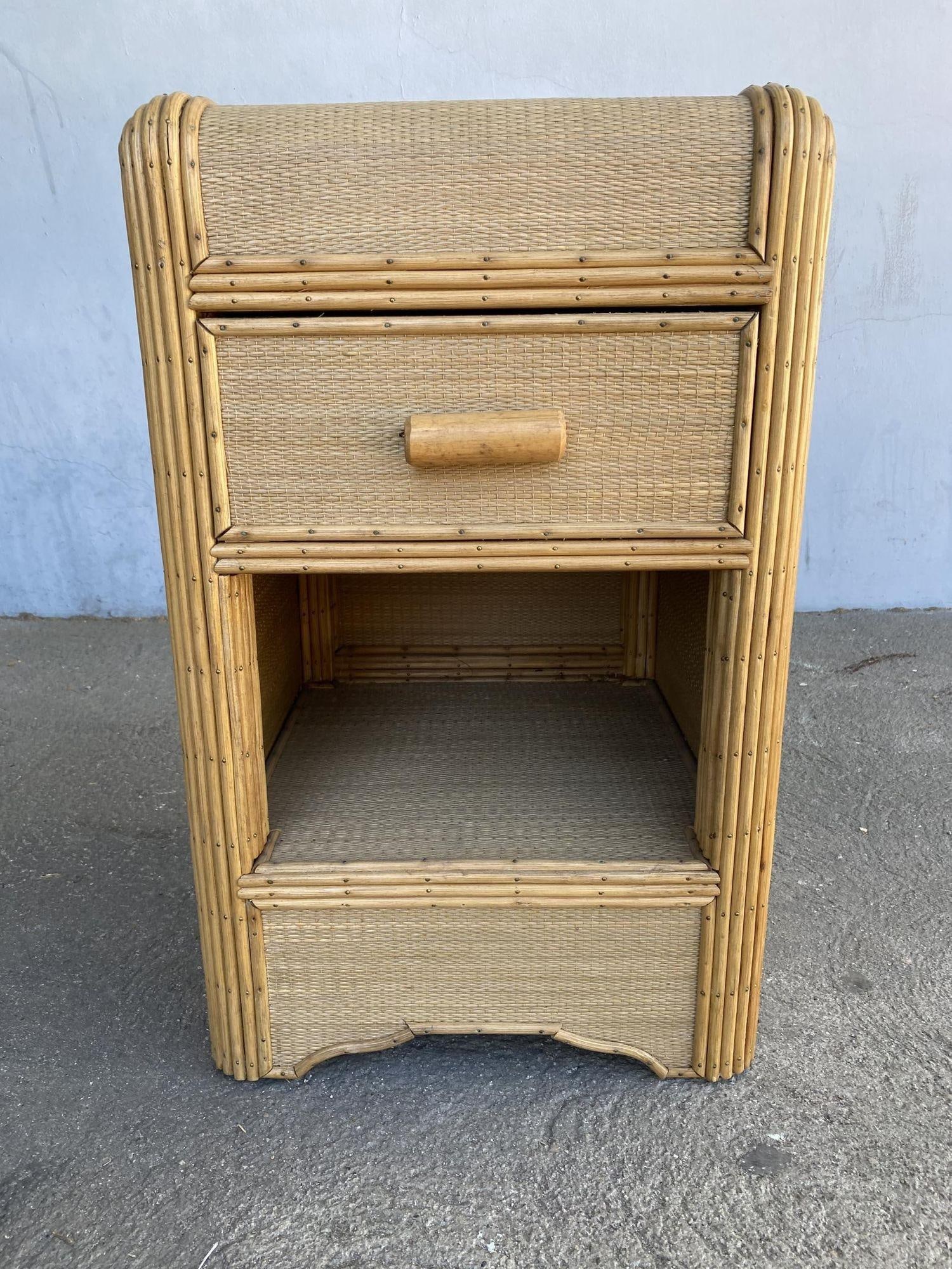 Restored Streamline Stick Reed Rattan Side Table with Grass Mat Coverings - 9