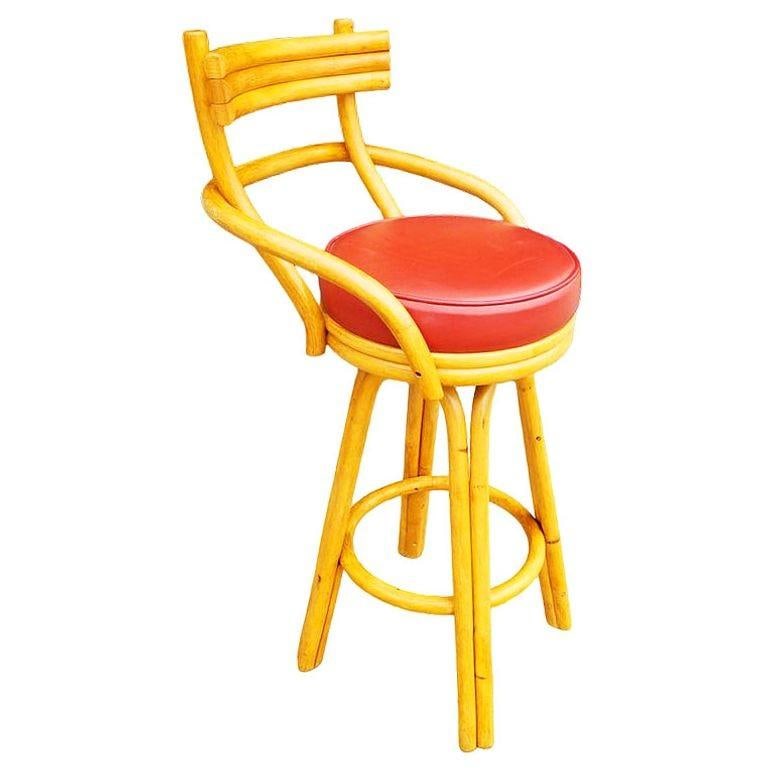 Restored Mid-century Rattan Stacked Bar Swivel Stools w/ Red Seat , Set of 4 - 16