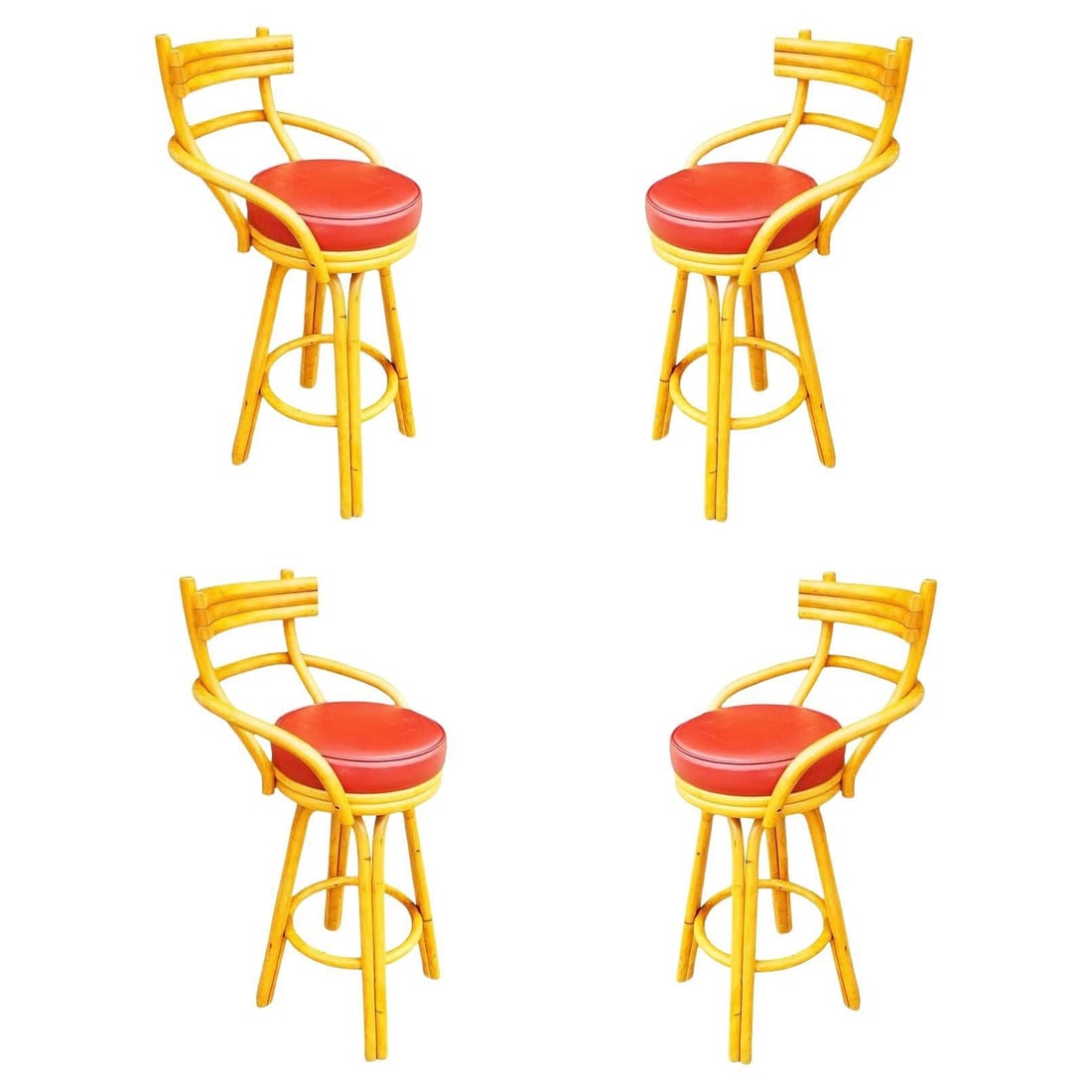 Restored Mid-century Rattan Stacked Bar Swivel Stools w/ Red Seat , Set of 4 - 7