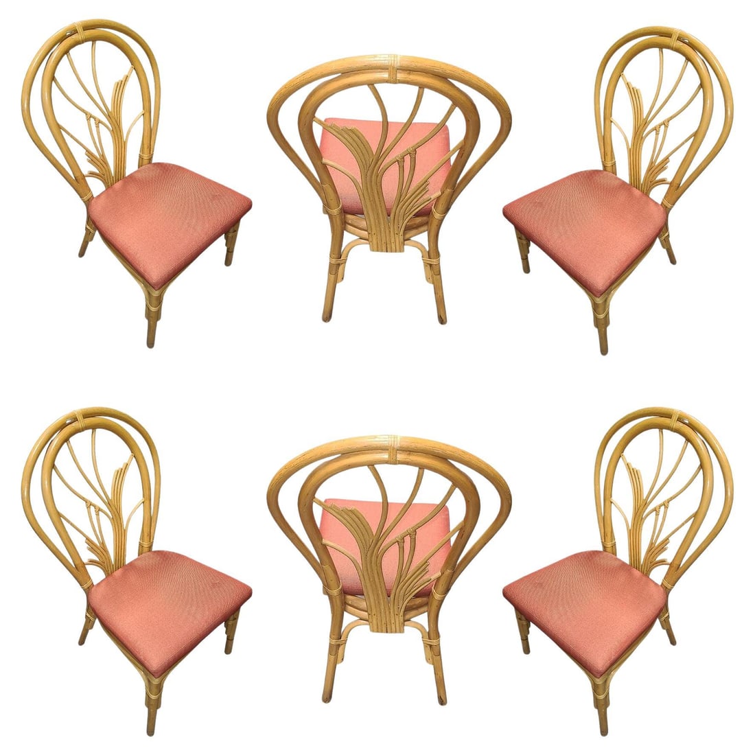 Restored Bent "Palm" Rattan Dining Side Chair, Set of 6: Title: Restored Bent "Palm" Rattan Dining Side Chair, Set of 6 Description: Vintage bent "Palm" rattan dining room side chair with a seat color of your choice, included is a set of six chairs. Each ch