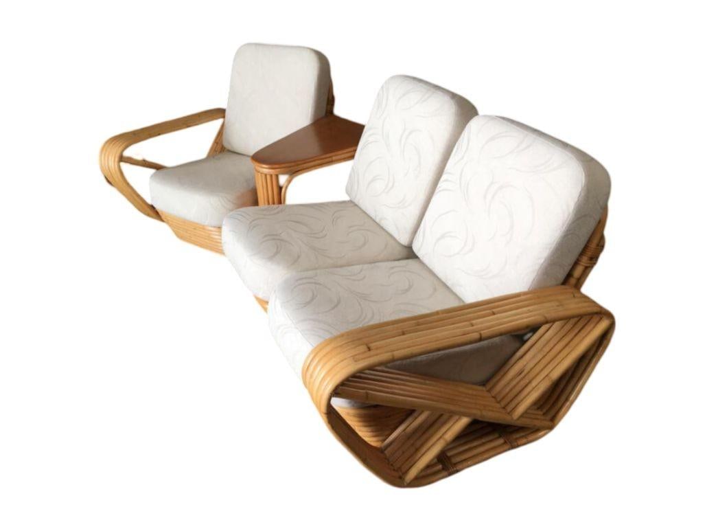 Restored 6-Strand Square Pretzel 3 Seat Rattan Corner Sofa W/ Side Table - 8