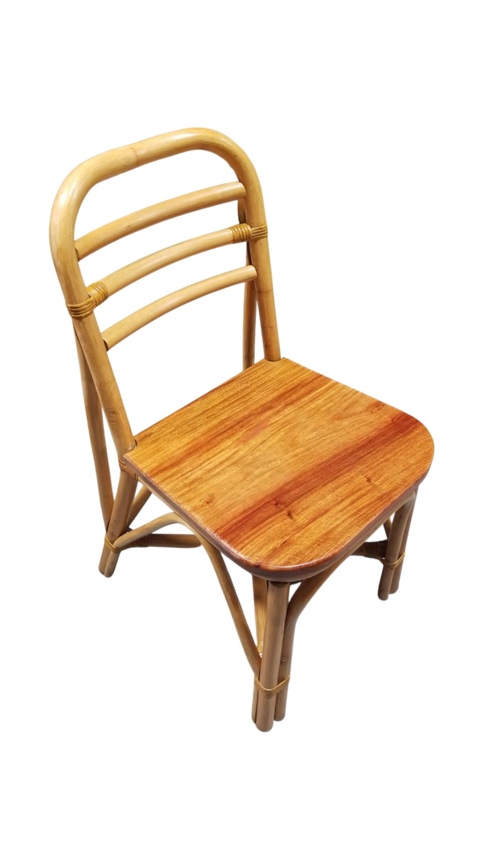 Restored Midcentury Rattan Dining Side Chair with Mahogany Seat, Set of Six - 3