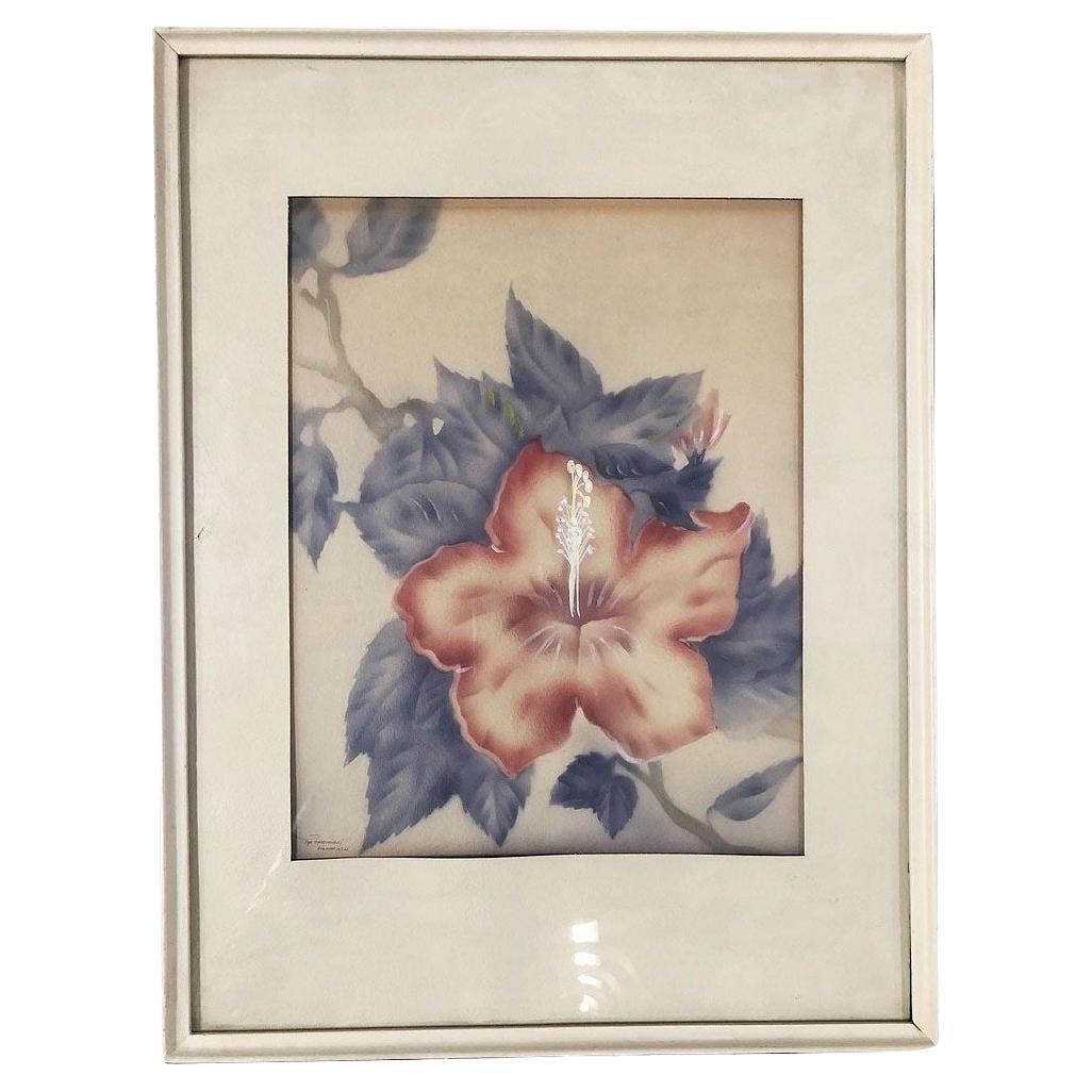 Post War Red Hibiscus Airbrush Painting on Paper by Tip Freeman, Framed - 2