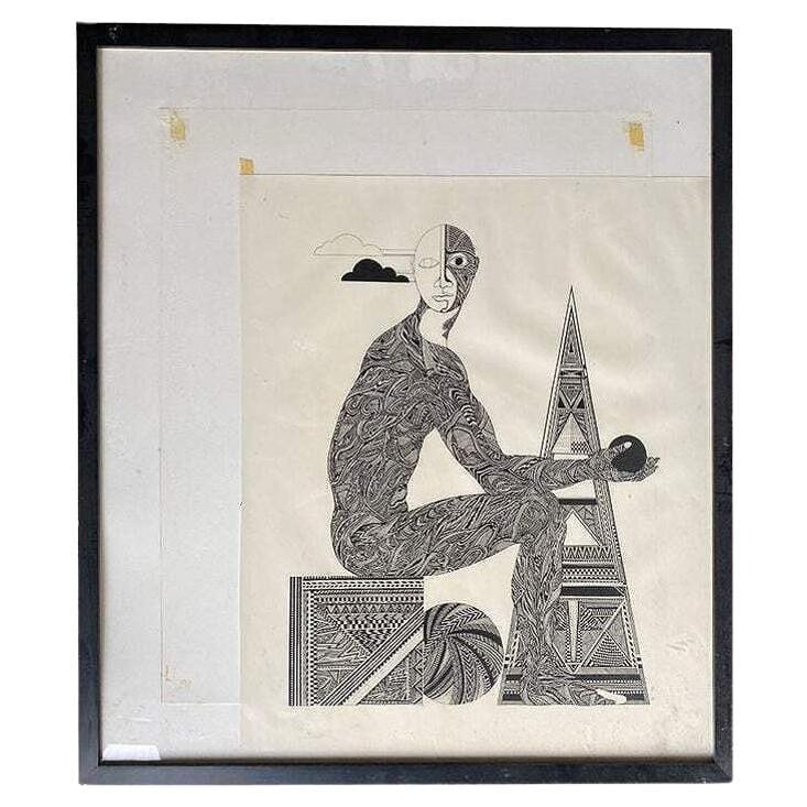Hand Inked on Paper Surrealist Male Portrait Drawing Signed Ken Kreel 1989 - 2