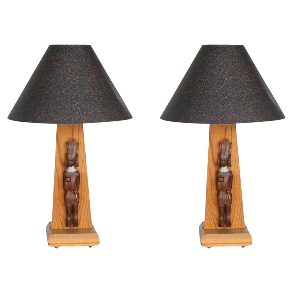 Mid-Century Table Lamps w/ African Hand Carved Kenyan Carvings Sculpture, Pair - 14