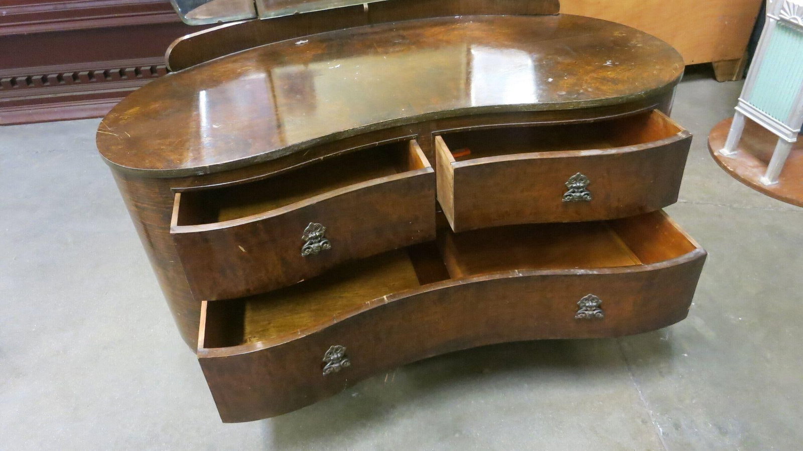 Edwardian Dark Stained Burlwood Vanity w/ Trifold Mirror, Circa 1910 - 12