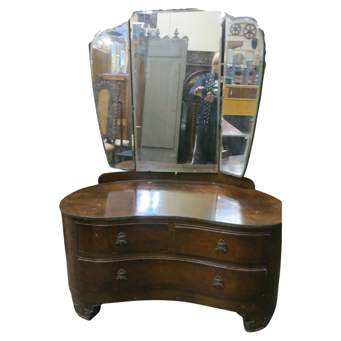 Edwardian Dark Stained Burlwood Vanity w/ Trifold Mirror, Circa 1910 - 13