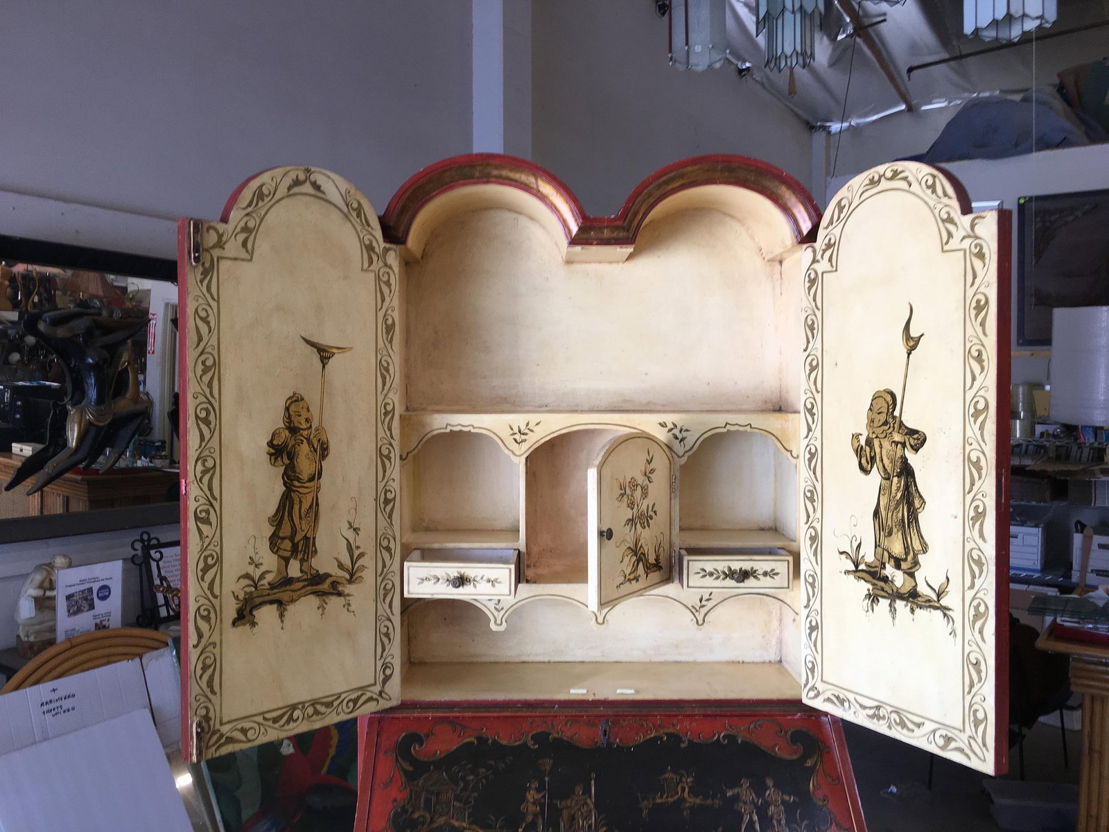 Hollywood Regency Secretary Desk Secretaire Bookcase w/ Chinese Motif - 3
