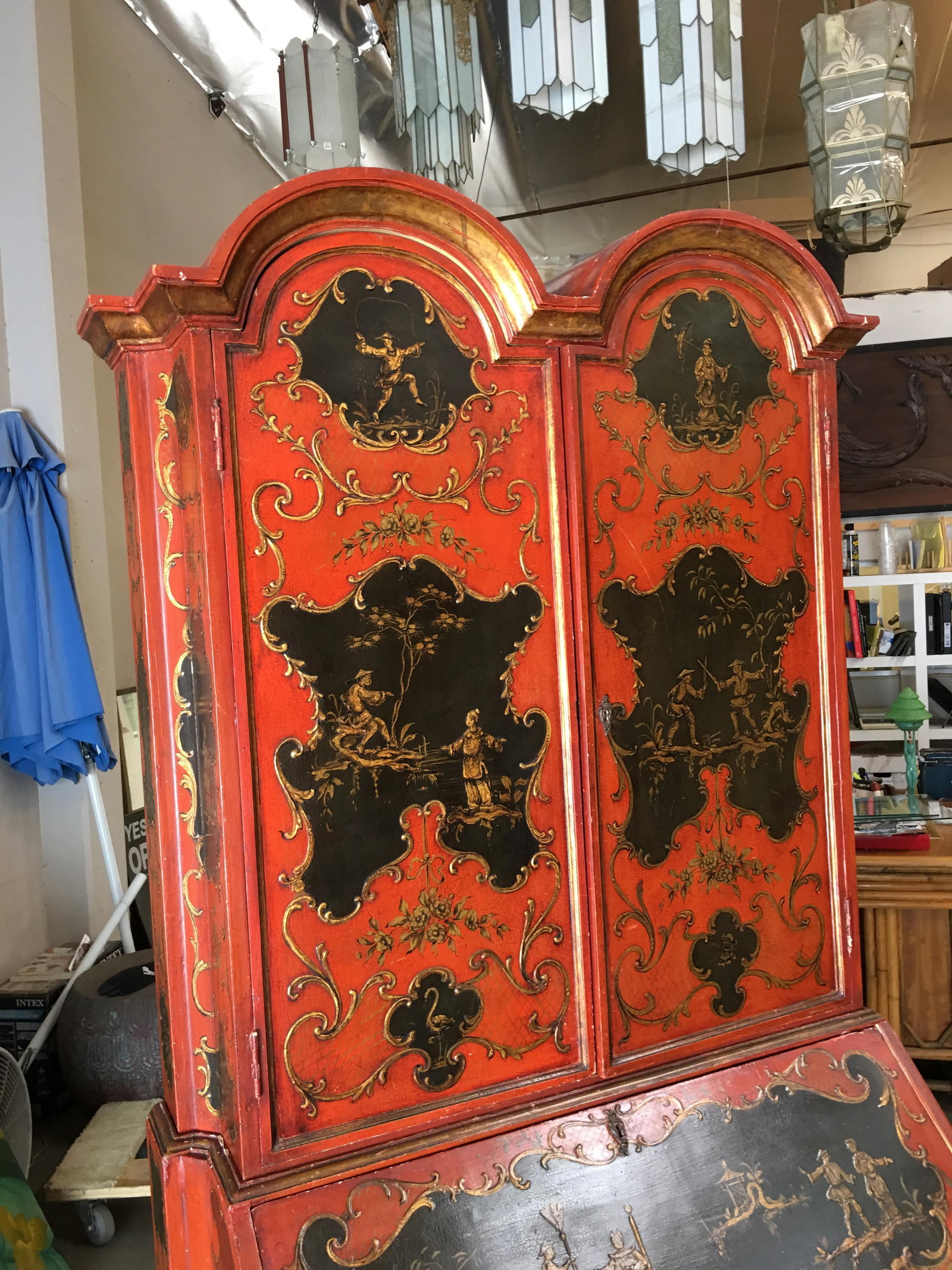 Hollywood Regency Secretary Desk Secretaire Bookcase w/ Chinese Motif - 4