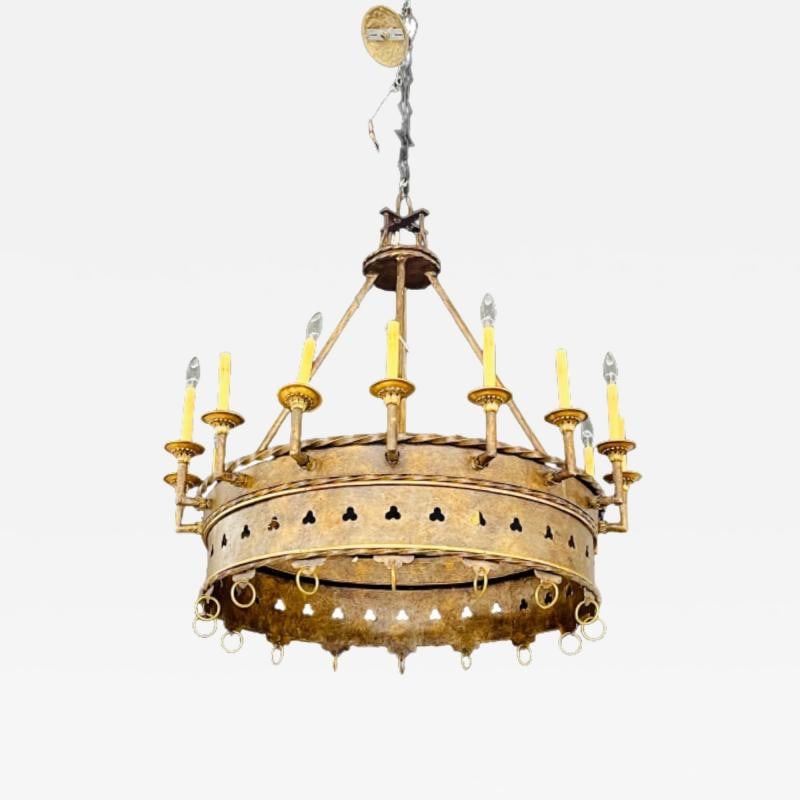 Gothic Industrial 16 Light Chandelier: Title: Gothic Industrial 16 Light Chandelier Description: Gothic Industrial chandelier having 16 arms, all with lights, in ring form with ring drops. 40 D X 42 H on a 24 inch chain with matching canop