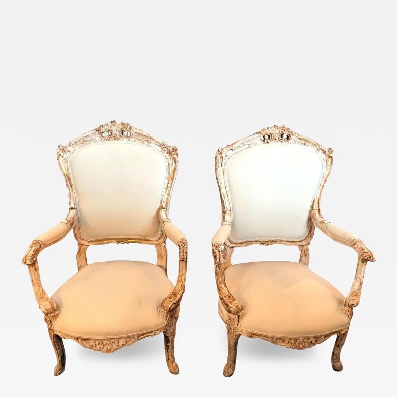 Pair of Antique Louis XV Style Armchairs in Painted Distressed Frames (1 of 12)
