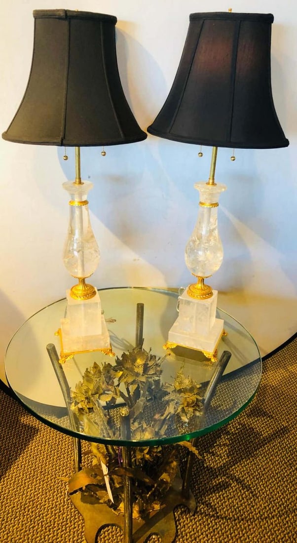 Pair of Art Deco Style Large Rock Crystal and Brass Urn on Base Form Table Lamps - 12