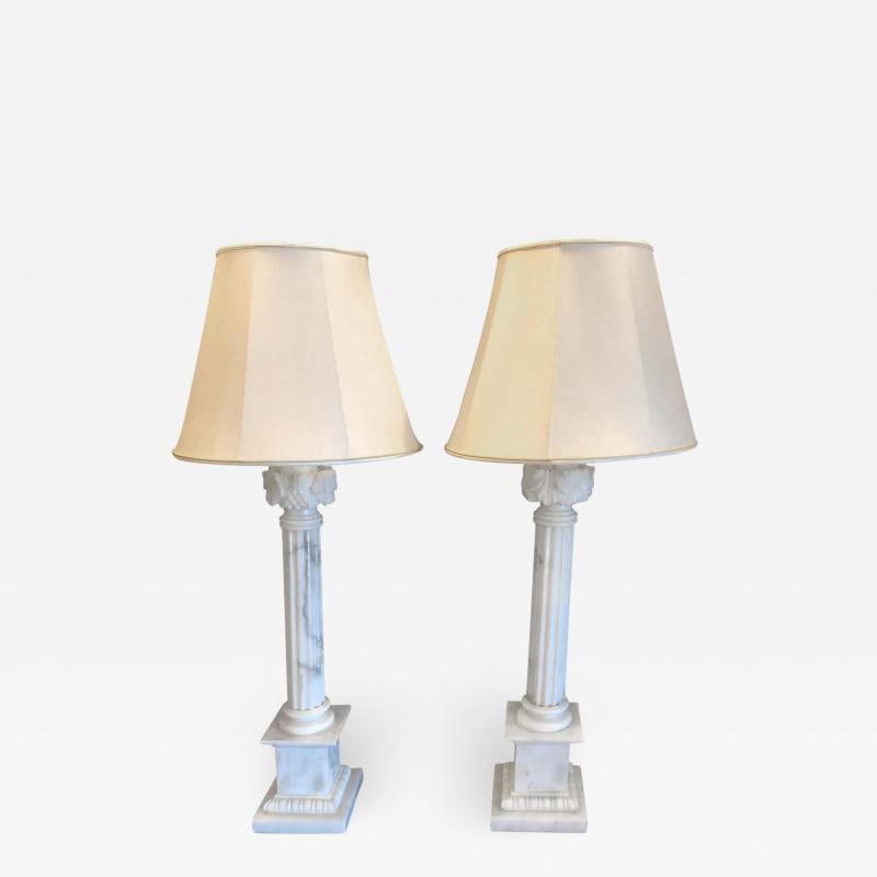 Pair of White and Grey Veined Column Marble Table Lamps with Custom Shades (1 of 9)