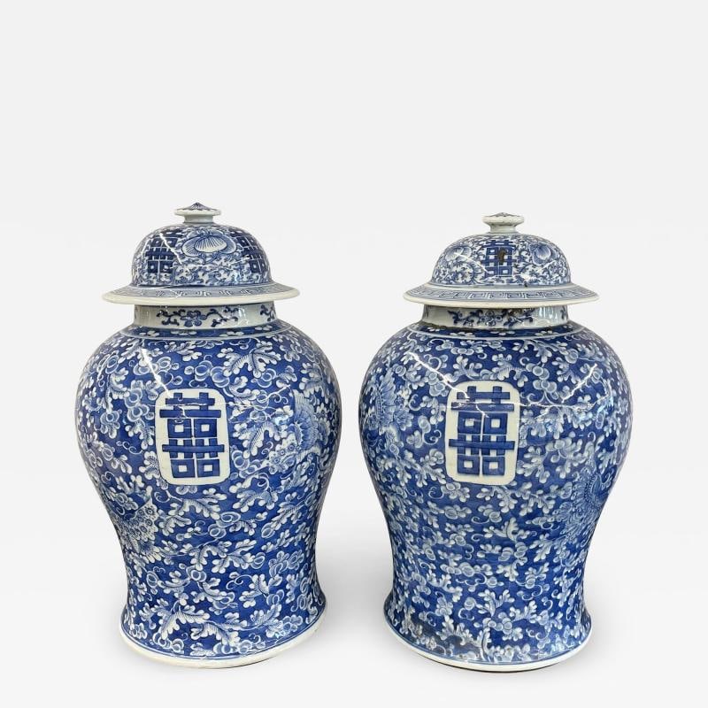 Pair of 19th Century Blue and White Lidded Temple Jars/Urns: Title: Pair of 19th Century Blue and White Lidded Temple Jars/Urns Description: Pair of 19th Century Blue and White Temple Jars, Chinese or Urns. Each 19 inch large and impressive Urn with a full orig